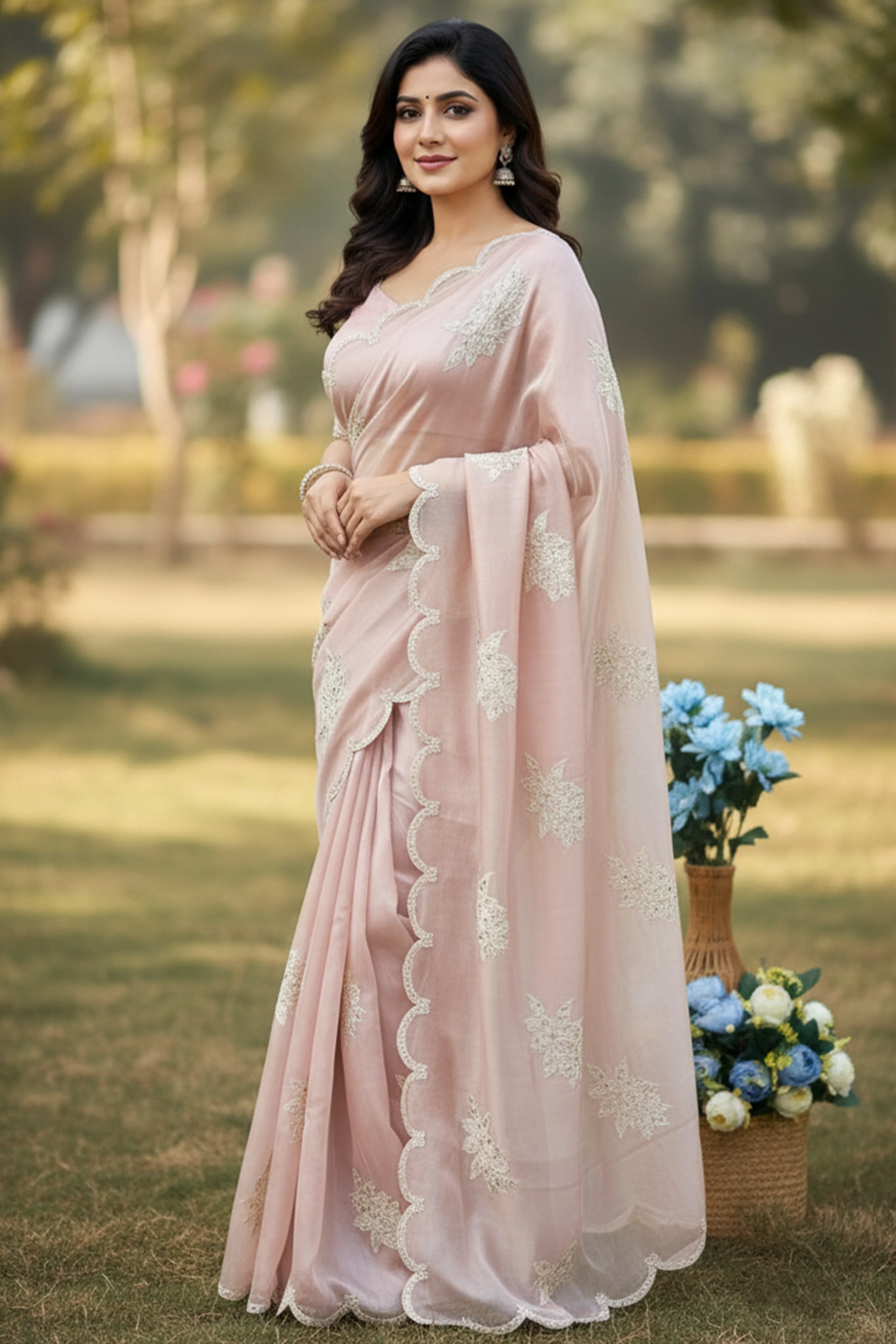 Captivating Pink Floral Thread Embroidered Jimmy Choo Satin Saree With Gleaming Sequins Work - Image 6