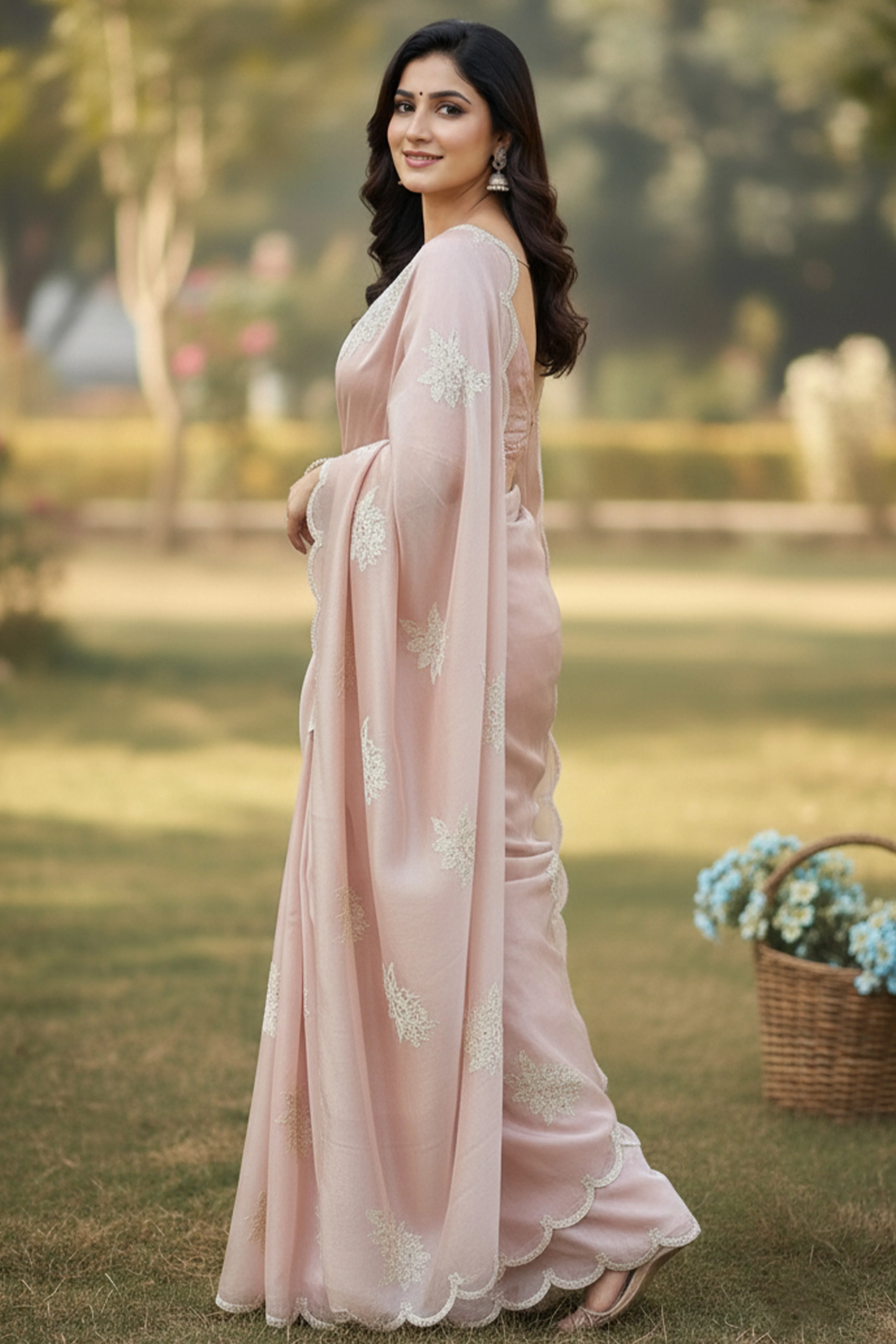 Captivating Pink Floral Thread Embroidered Jimmy Choo Satin Saree With Gleaming Sequins Work - Image 7