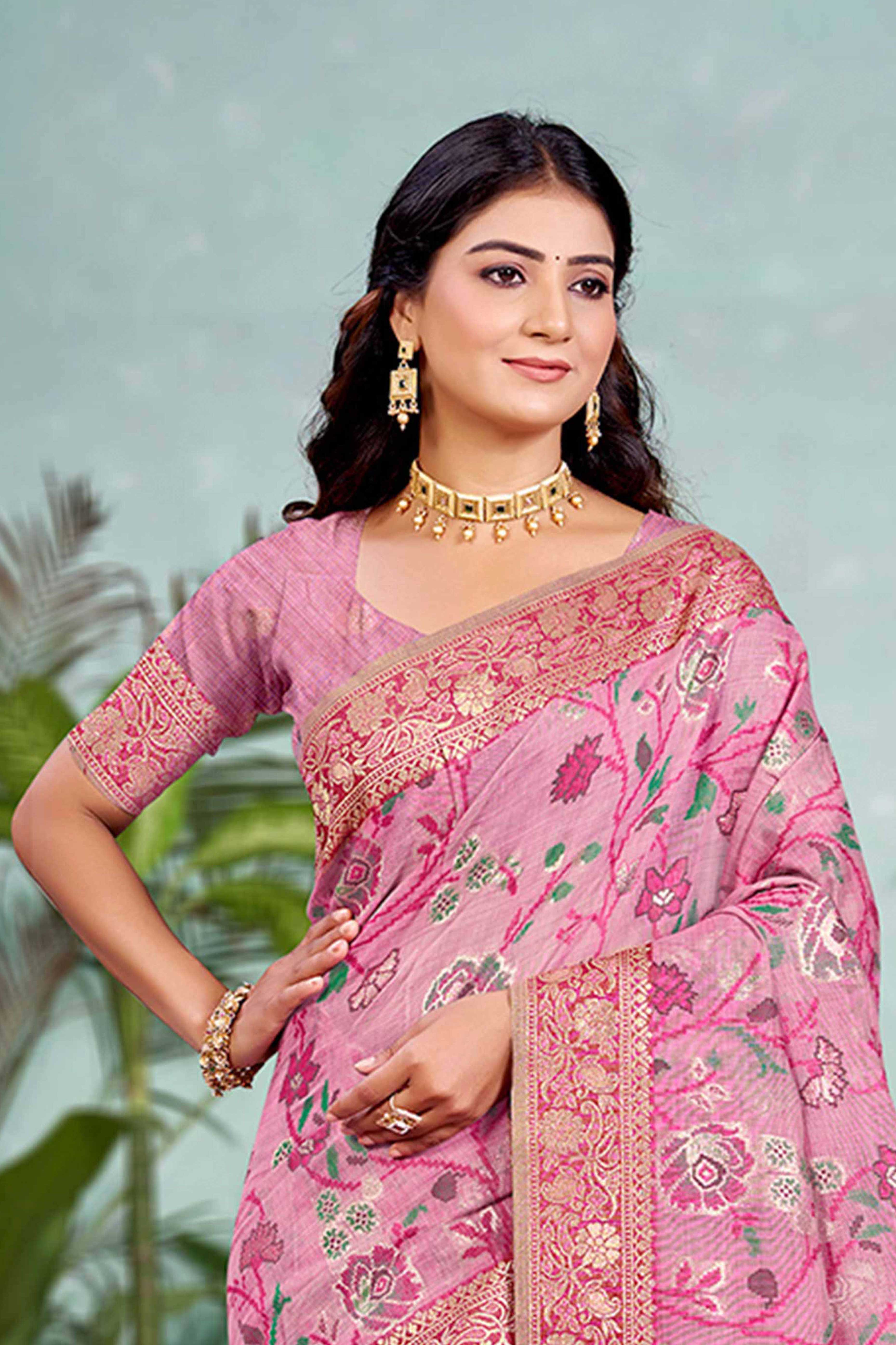 Captivating Pink Floral Zari Weaving Cotton Silk Saree Accented With Tassel Pallu - Image 3