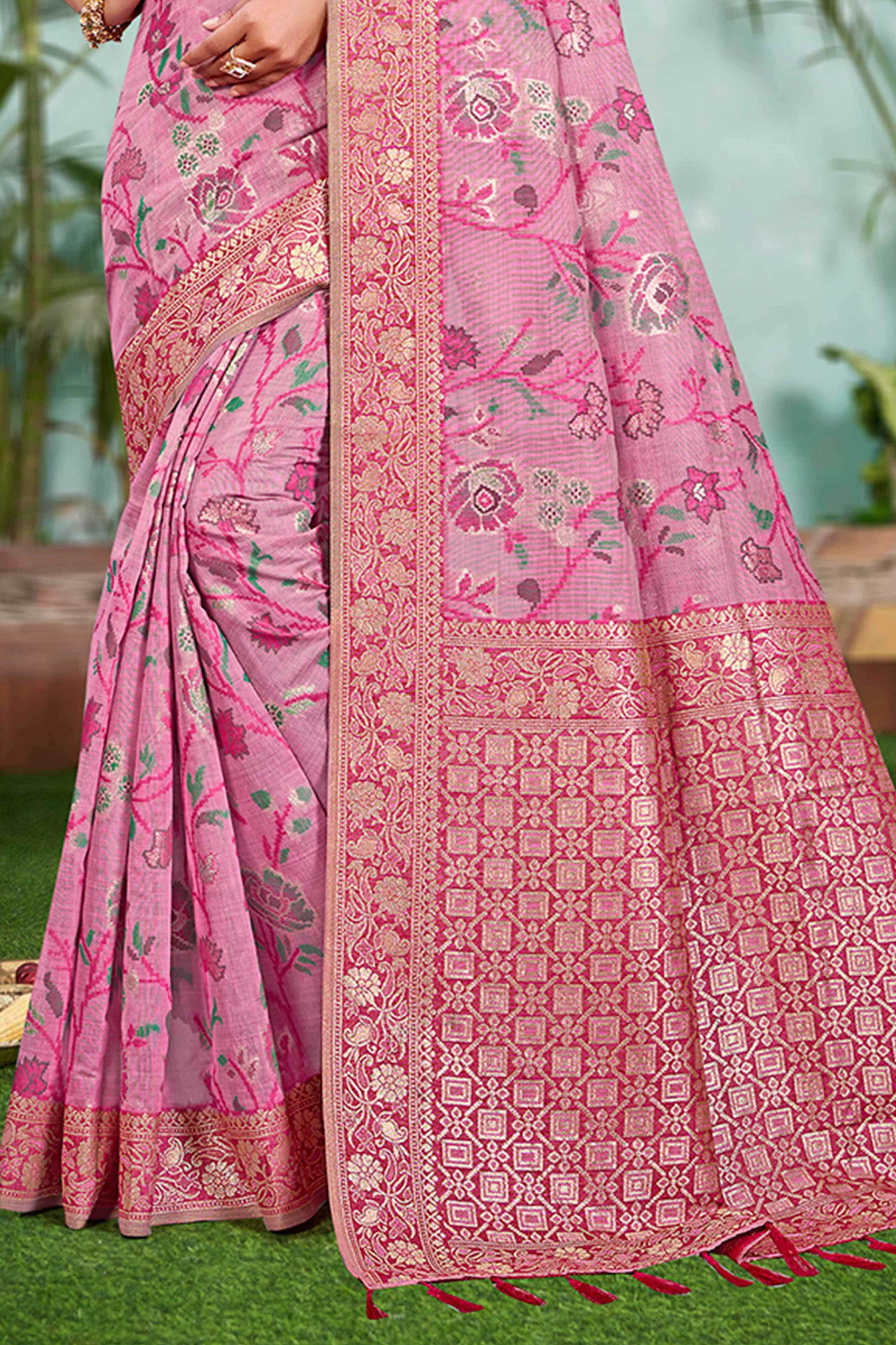 Captivating Pink Floral Zari Weaving Cotton Silk Saree Accented With Tassel Pallu - Image 4