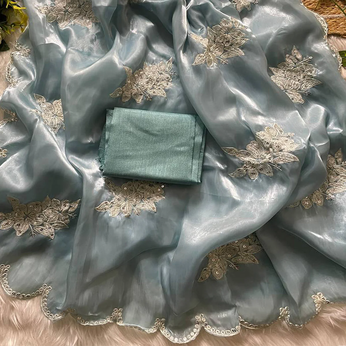 Captivating Sky Blue Floral Thread Embroidered Jimmy Choo Satin Saree With Gleaming Sequins Work - Image 2