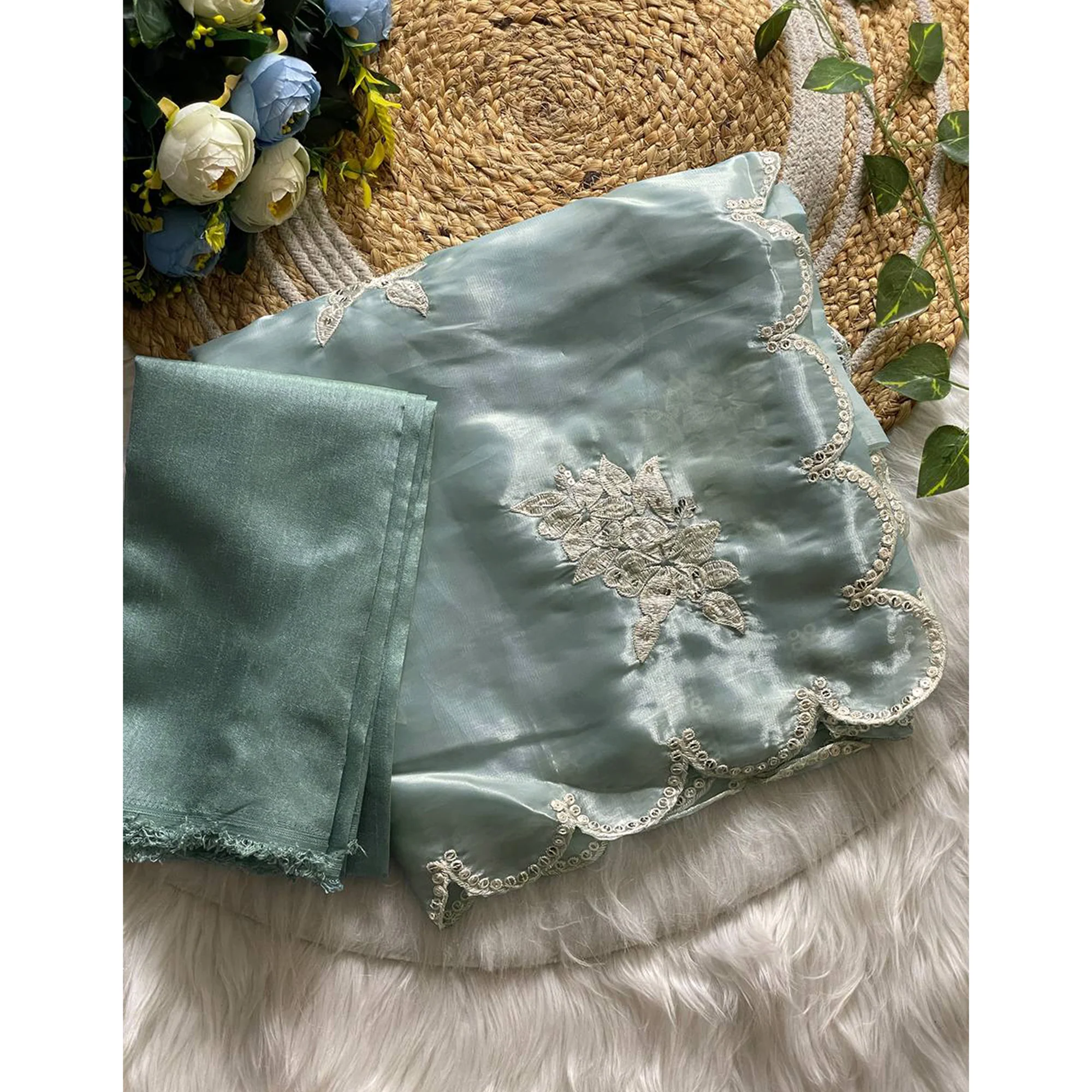 Captivating Sky Blue Floral Thread Embroidered Jimmy Choo Satin Saree With Gleaming Sequins Work - Image 3