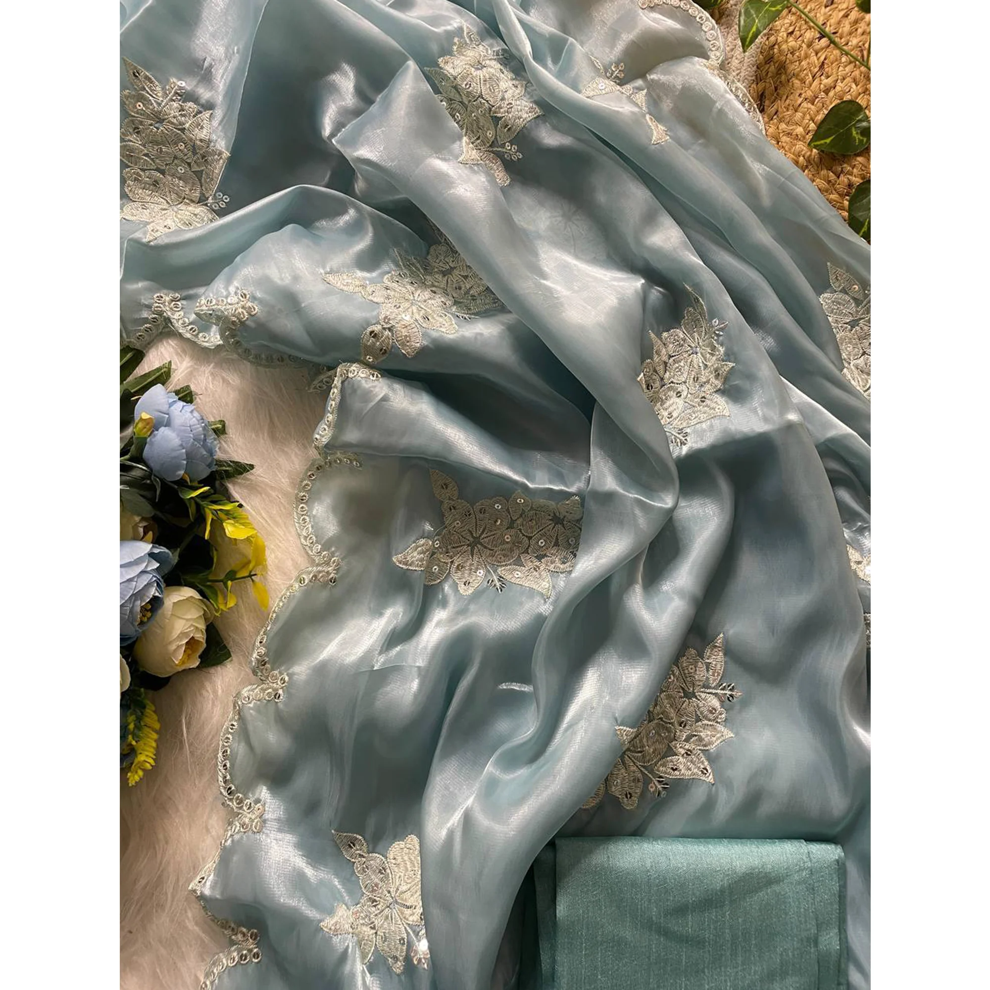Captivating Sky Blue Floral Thread Embroidered Jimmy Choo Satin Saree With Gleaming Sequins Work - Image 4