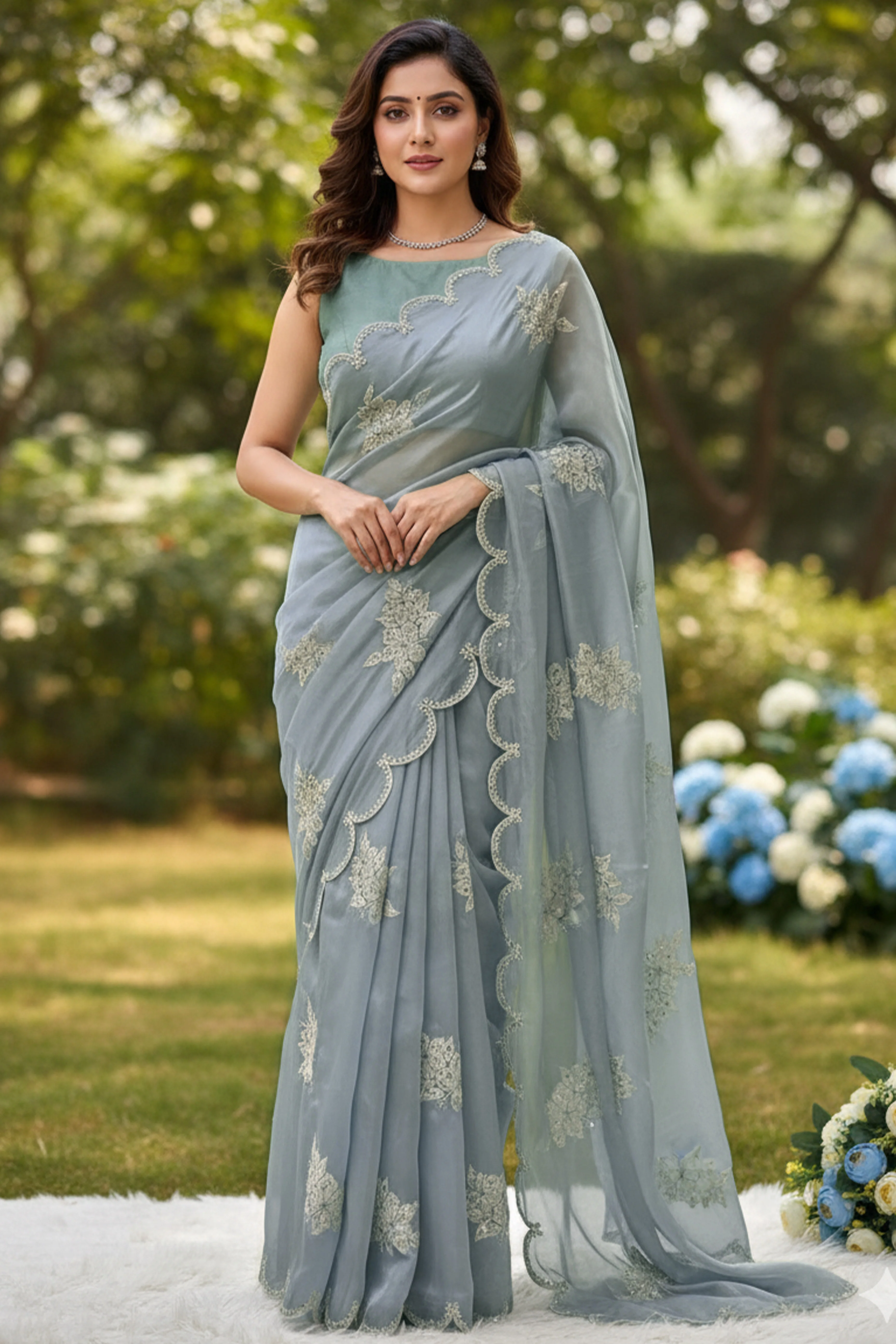 Captivating Sky Blue Floral Thread Embroidered Jimmy Choo Satin Saree With Gleaming Sequins Work - Image 5