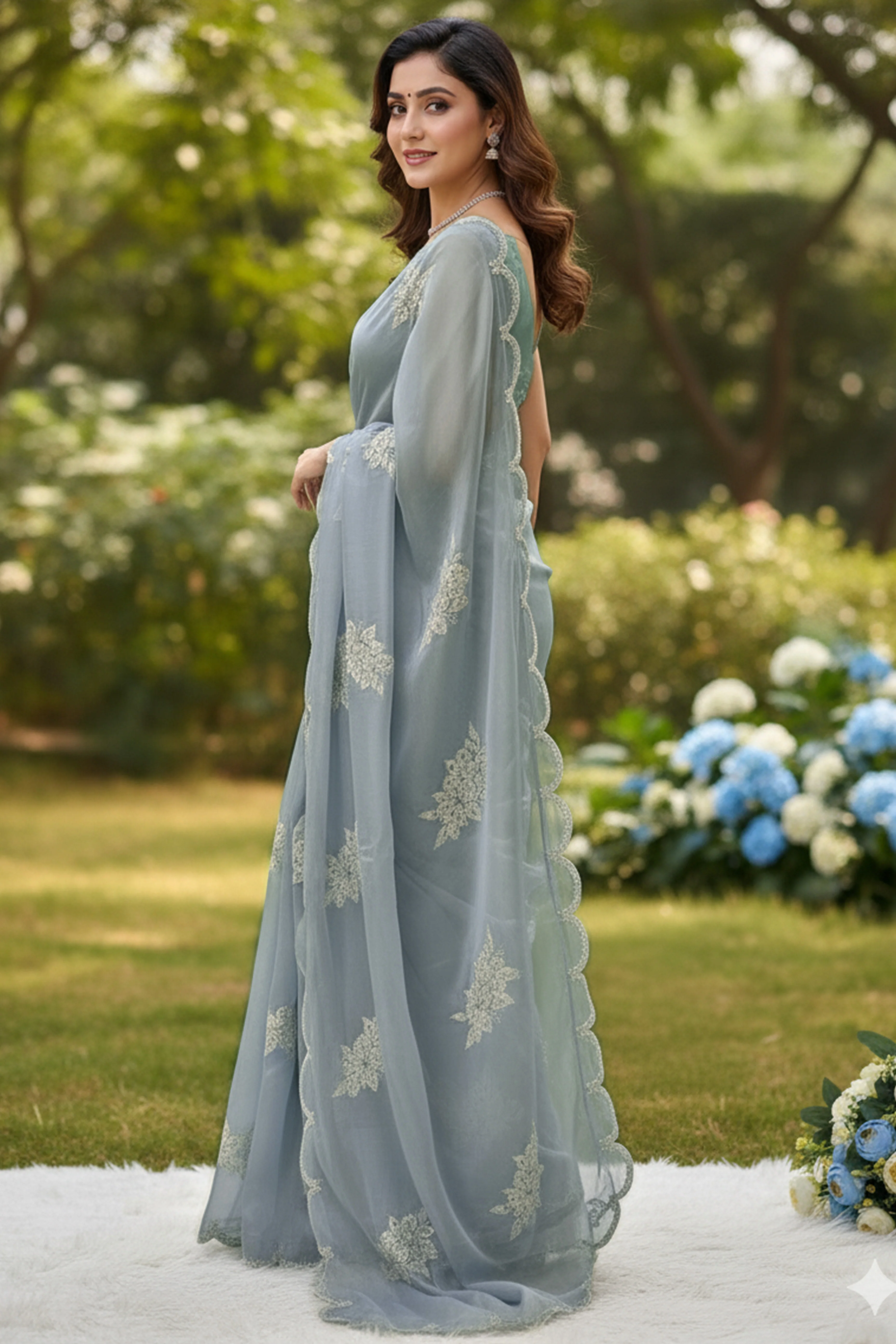 Captivating Sky Blue Floral Thread Embroidered Jimmy Choo Satin Saree With Gleaming Sequins Work - Image 7