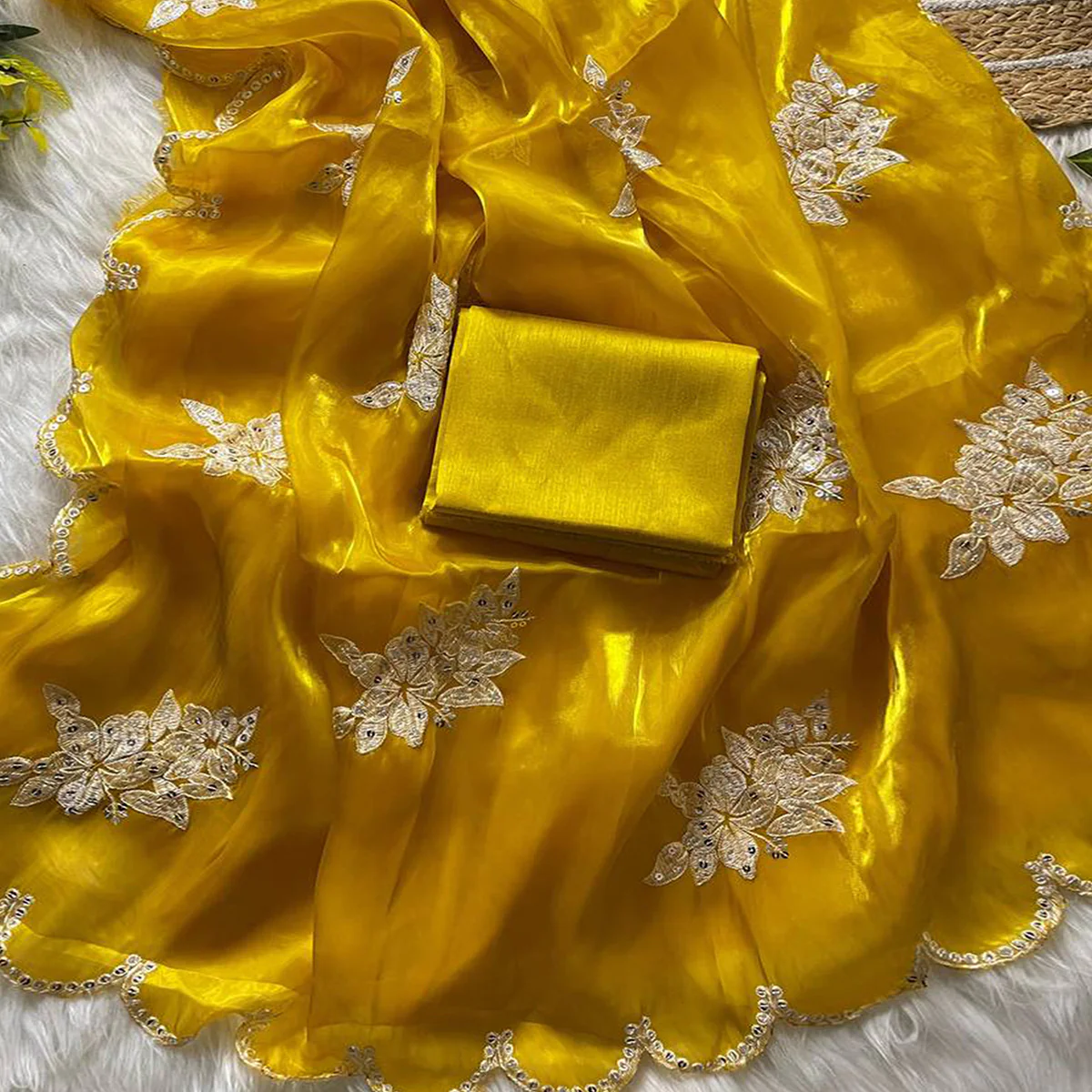 Captivating Yellow Floral Thread Embroidered Jimmy Choo Satin Saree With Gleaming Sequins Work - Image 2