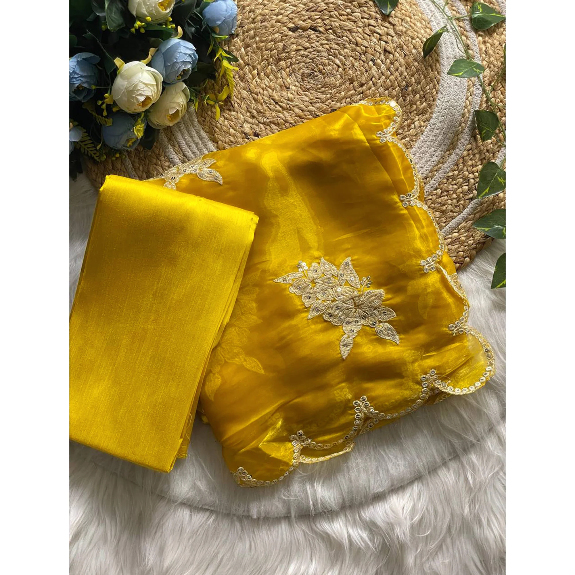 Captivating Yellow Floral Thread Embroidered Jimmy Choo Satin Saree With Gleaming Sequins Work - Image 3