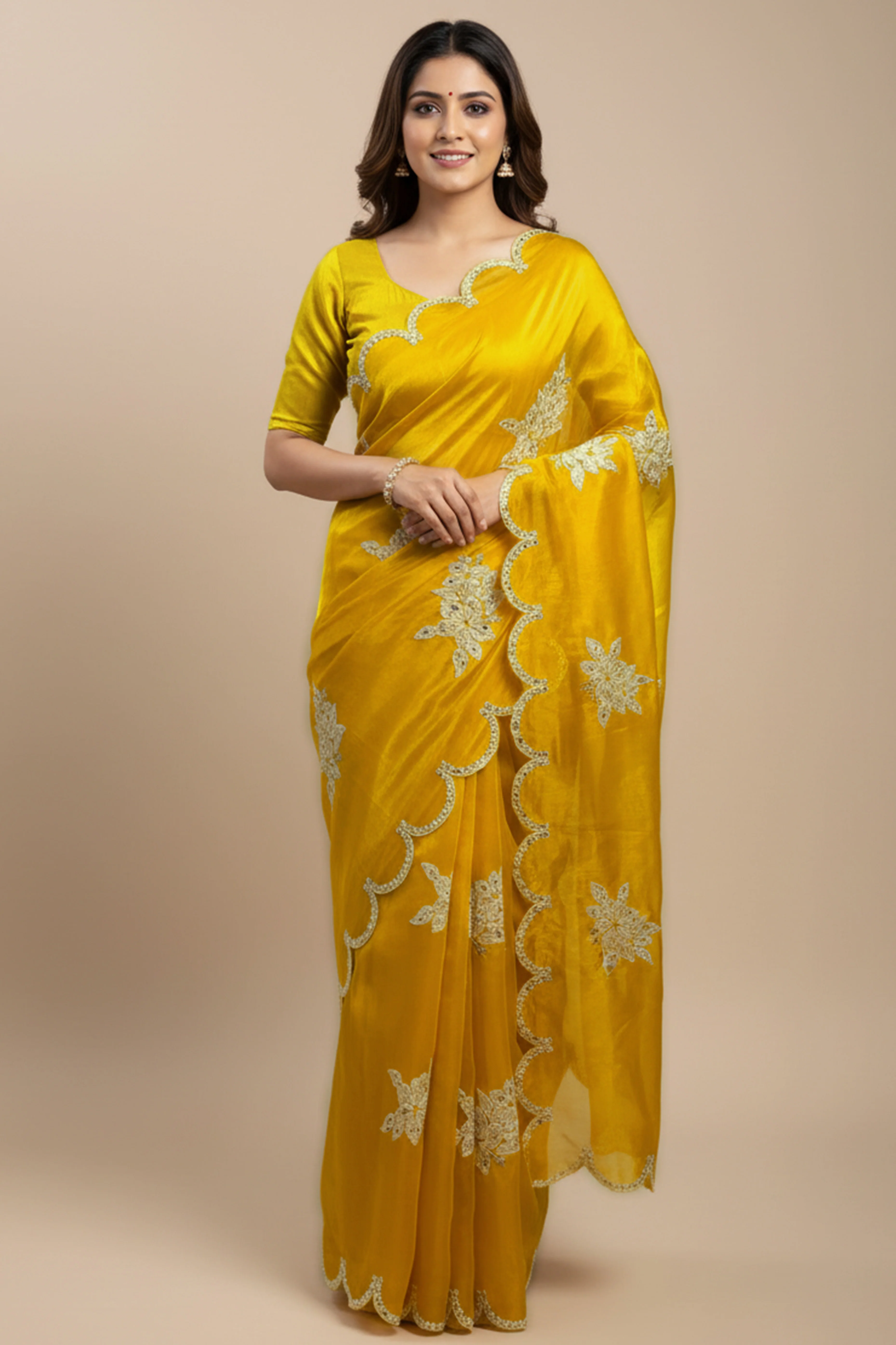 Captivating Yellow Floral Thread Embroidered Jimmy Choo Satin Saree With Gleaming Sequins Work - Image 5