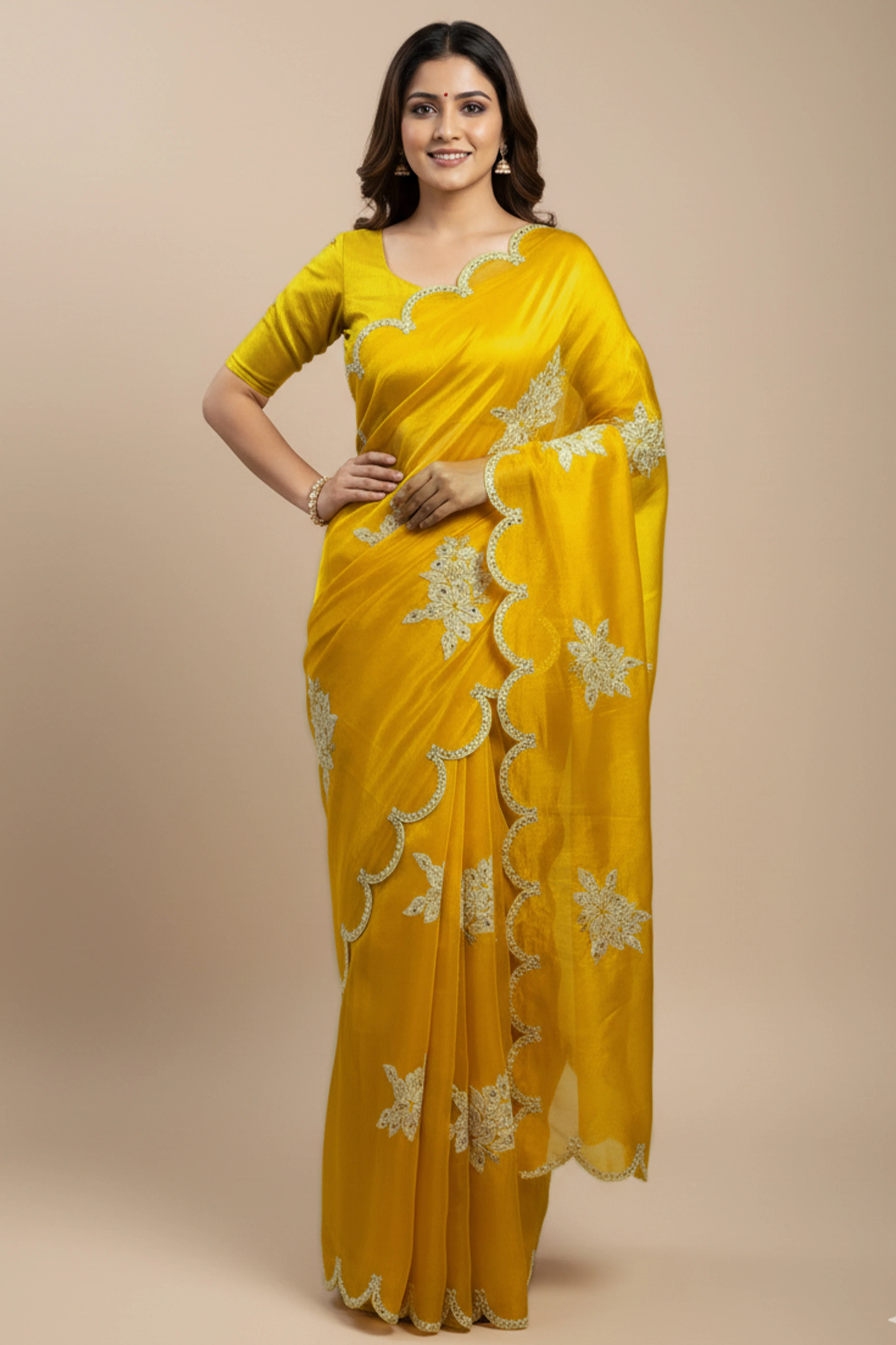 Captivating Yellow Floral Thread Embroidered Jimmy Choo Satin Saree With Gleaming Sequins Work - Image 6