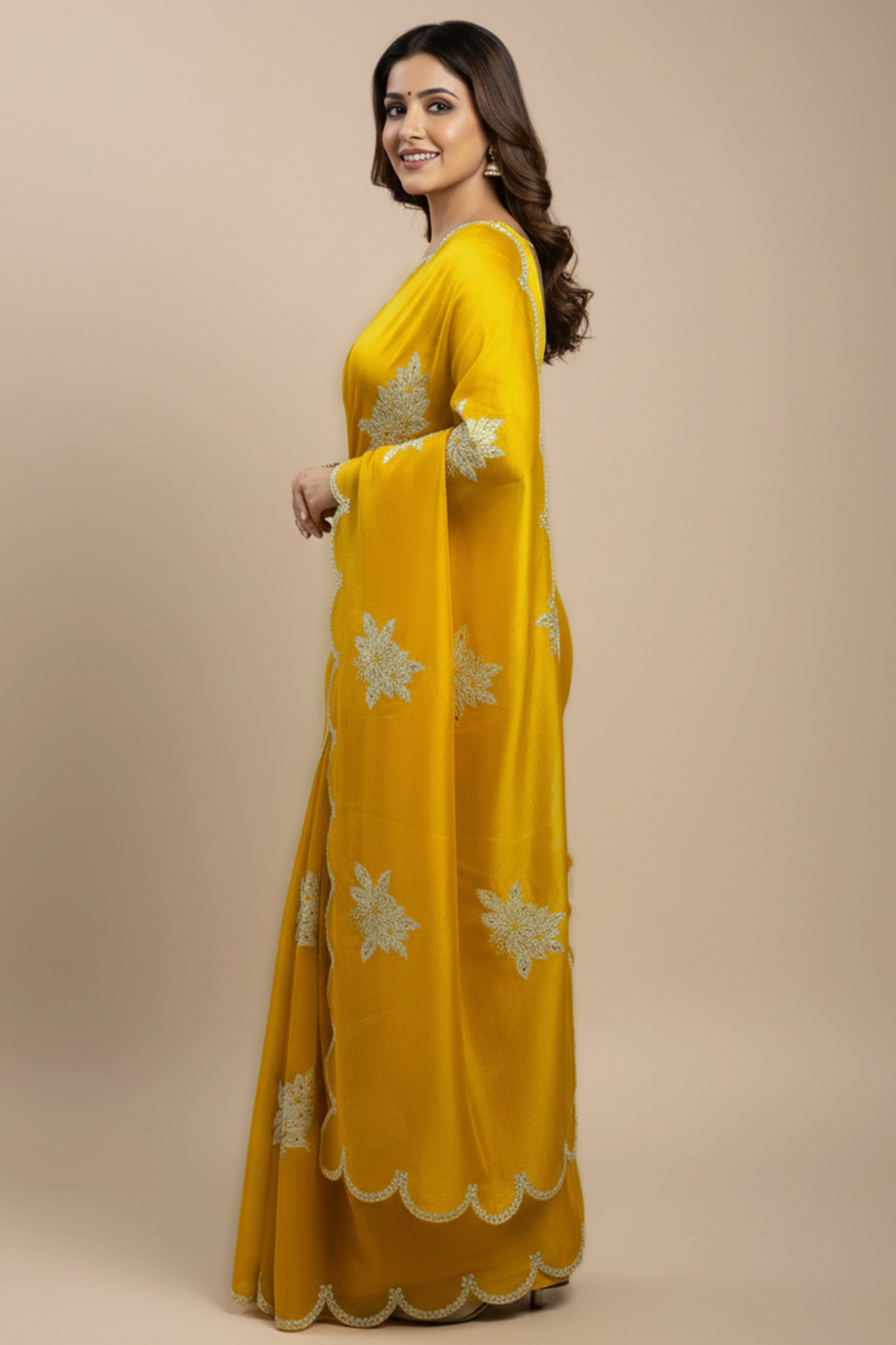 Captivating Yellow Floral Thread Embroidered Jimmy Choo Satin Saree With Gleaming Sequins Work - Image 7