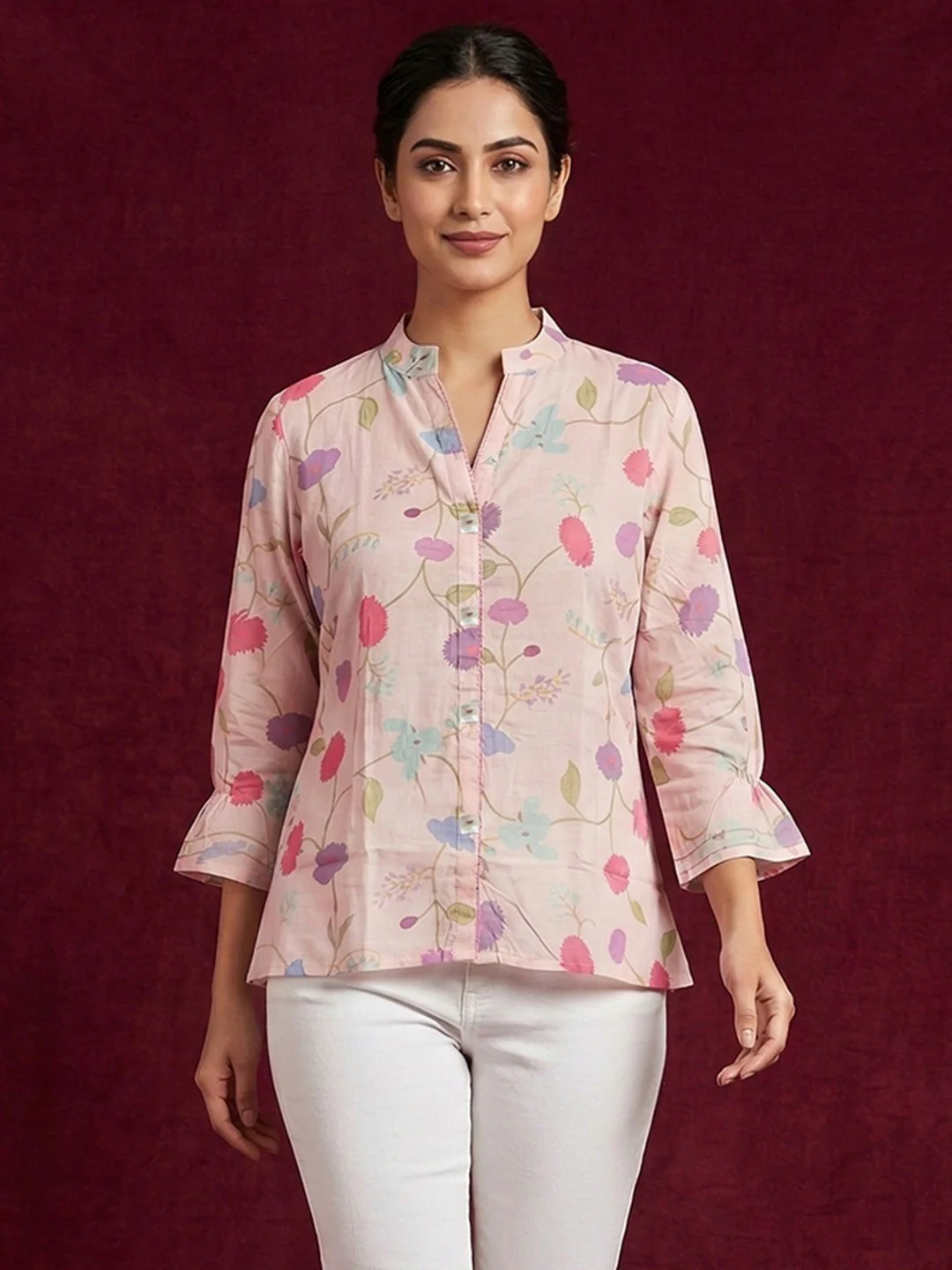 Casual Wear Baby Pink Muslin Shirt with Floral Pattern