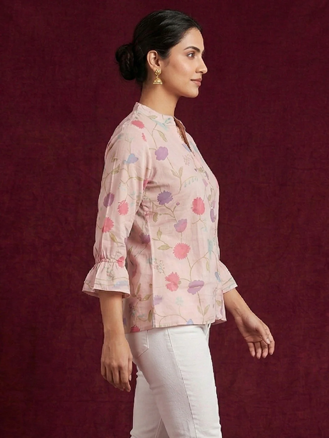 Casual Wear Baby Pink Muslin Shirt with Floral Pattern - Image 2