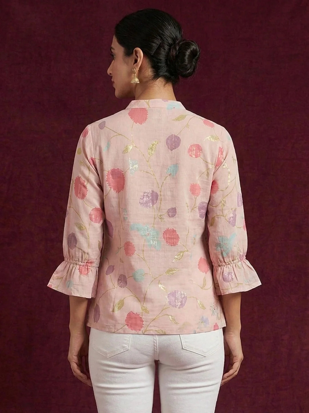 Casual Wear Baby Pink Muslin Shirt with Floral Pattern - Image 3