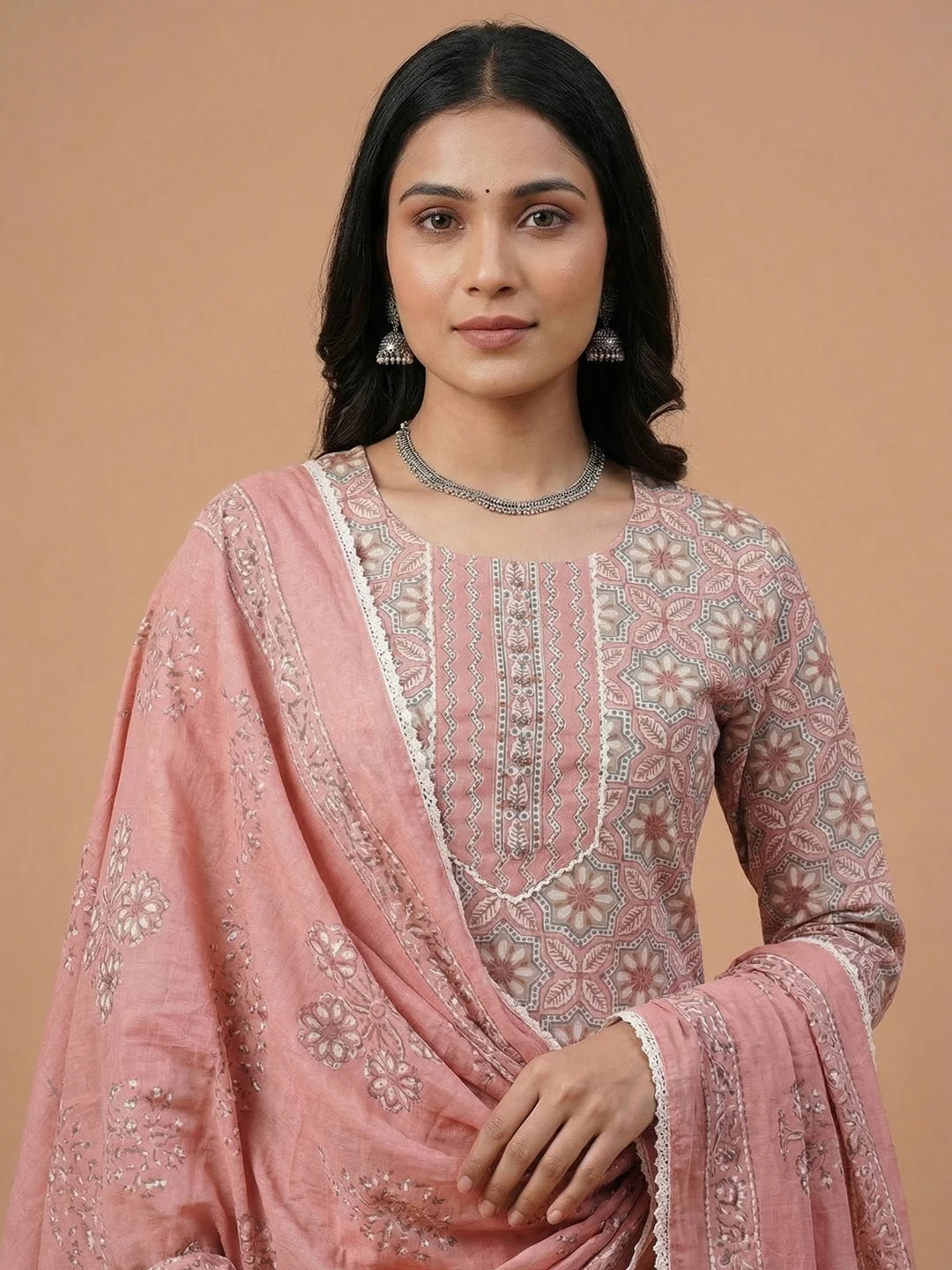 Casual Wear Peach Pure Cotton Kurta and Straight Pant Set with Floral Print - Image 3