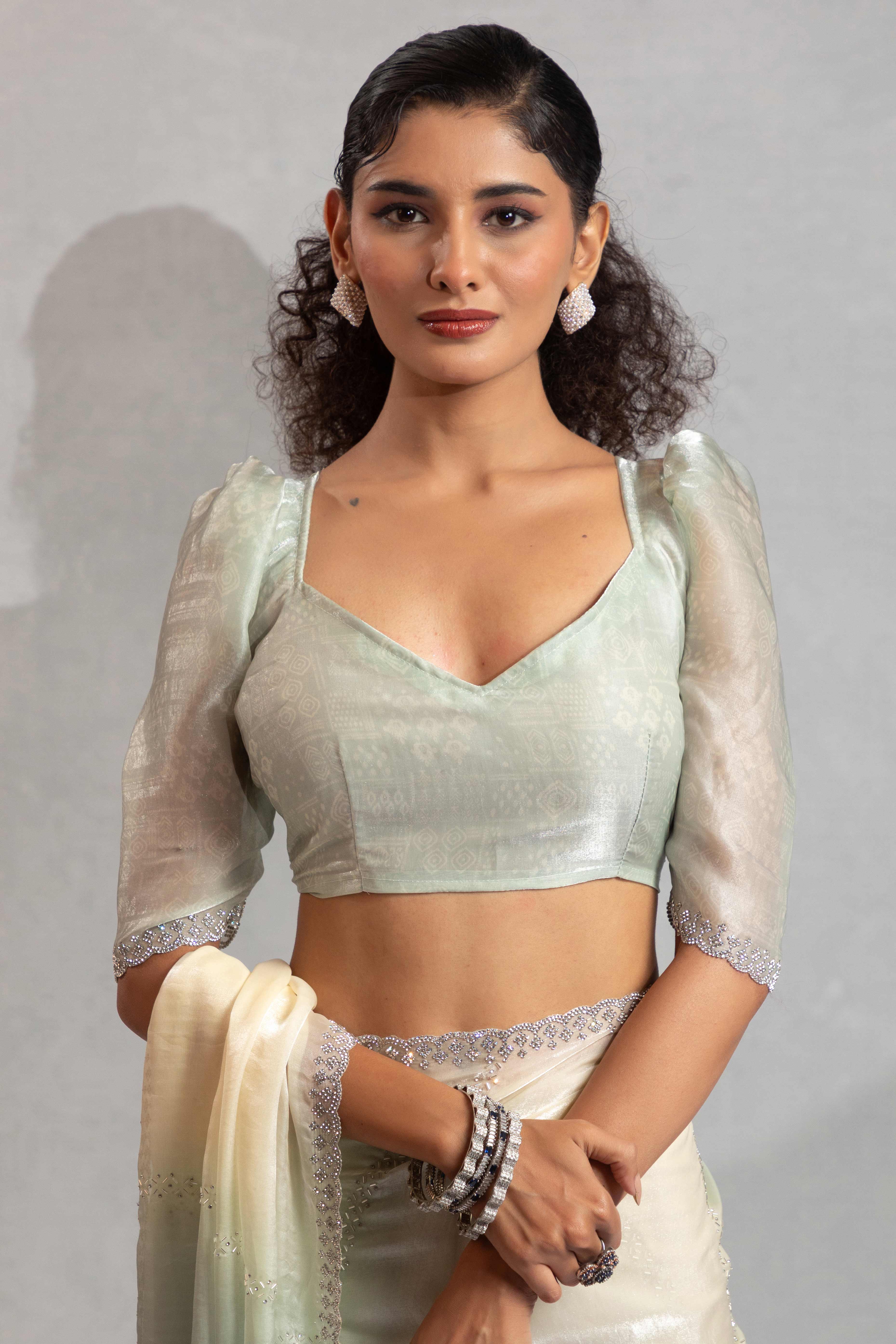 Celadon Green & Off White Satin Silk Saree Decorated With Stone Embellishments - Image 6