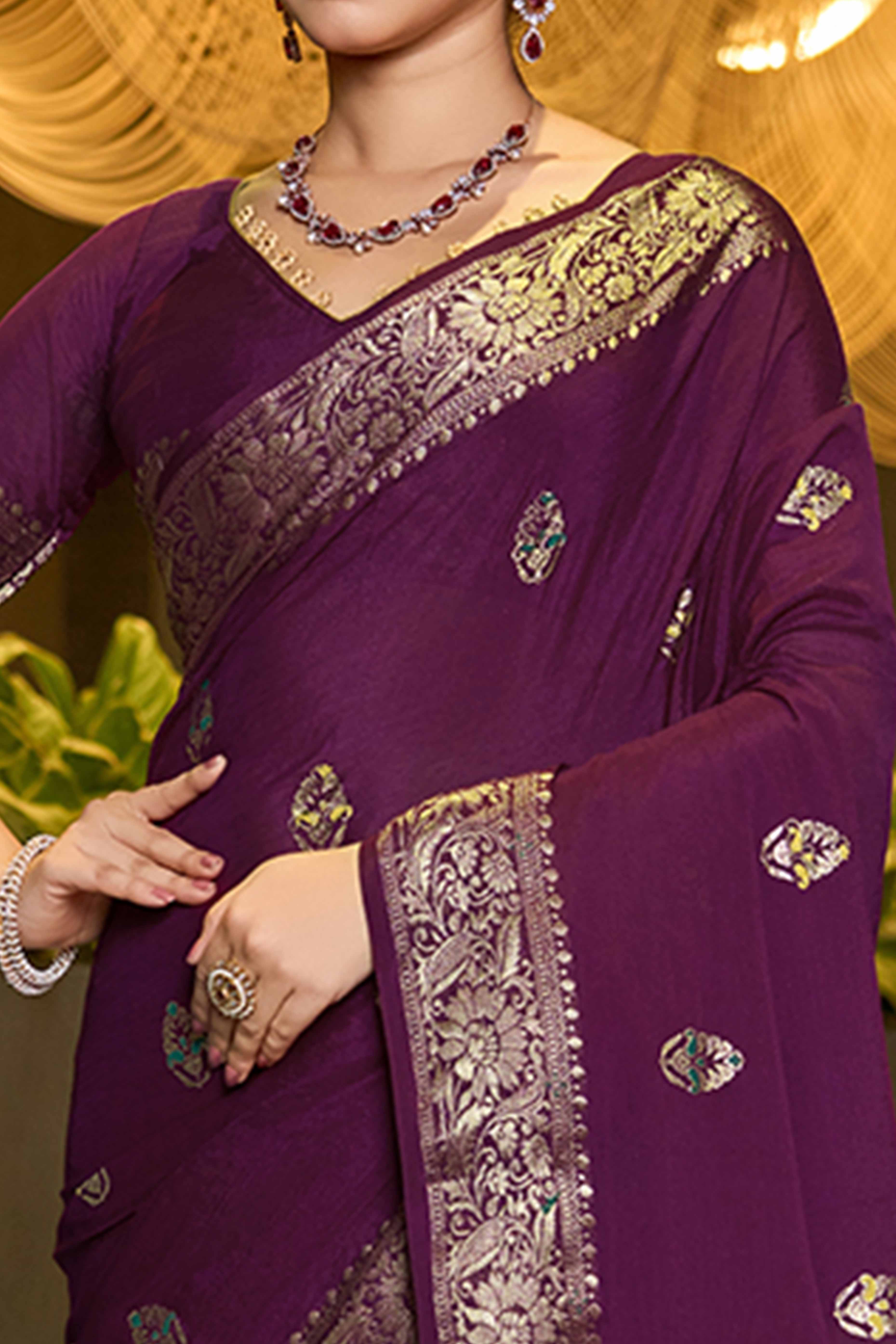 Celebrate Heritage With Wine Floral Woven Chinon Silk Saree - Image 2