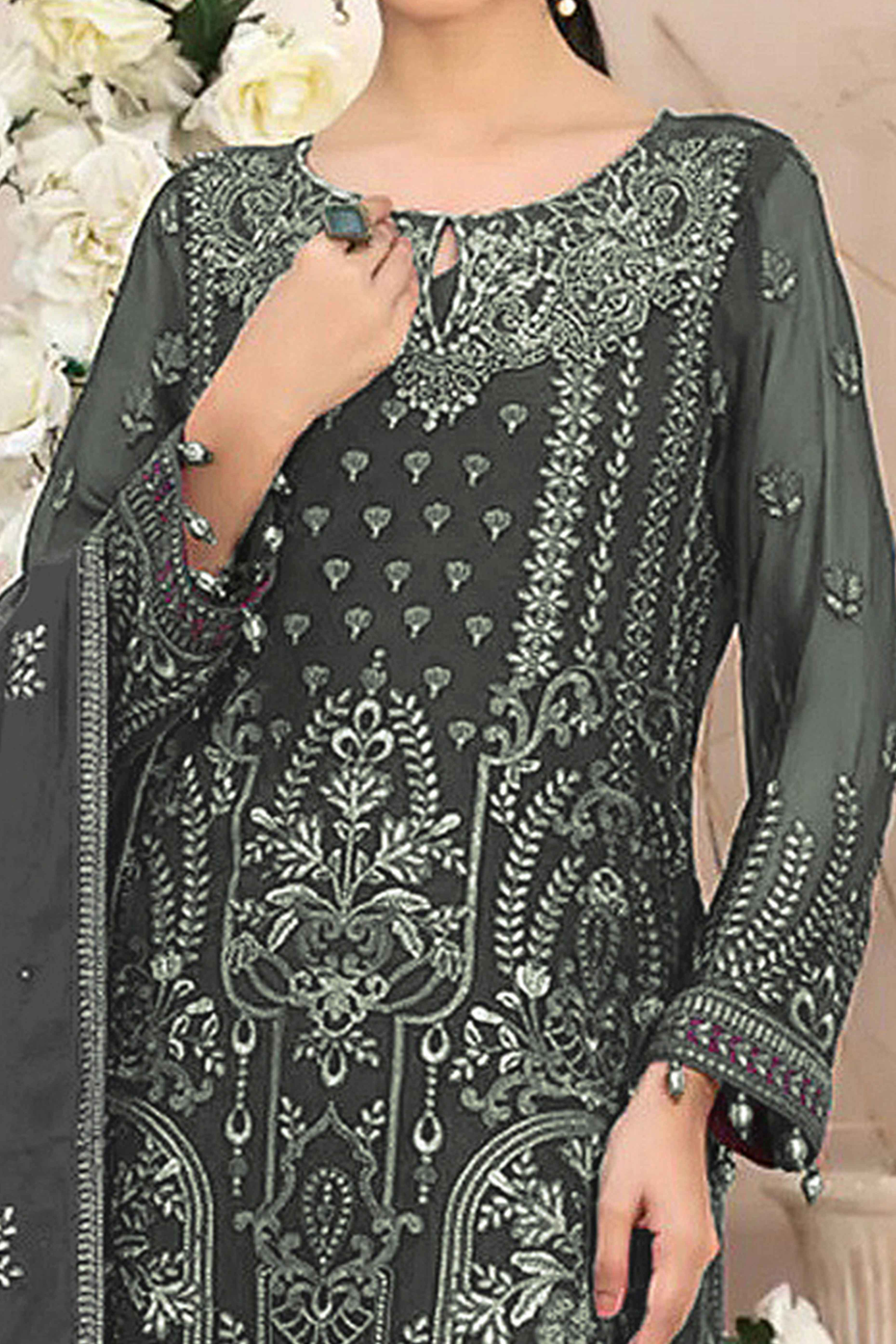Charcoal Grey Floral Embroidered Georgette Dress Material - Image 2