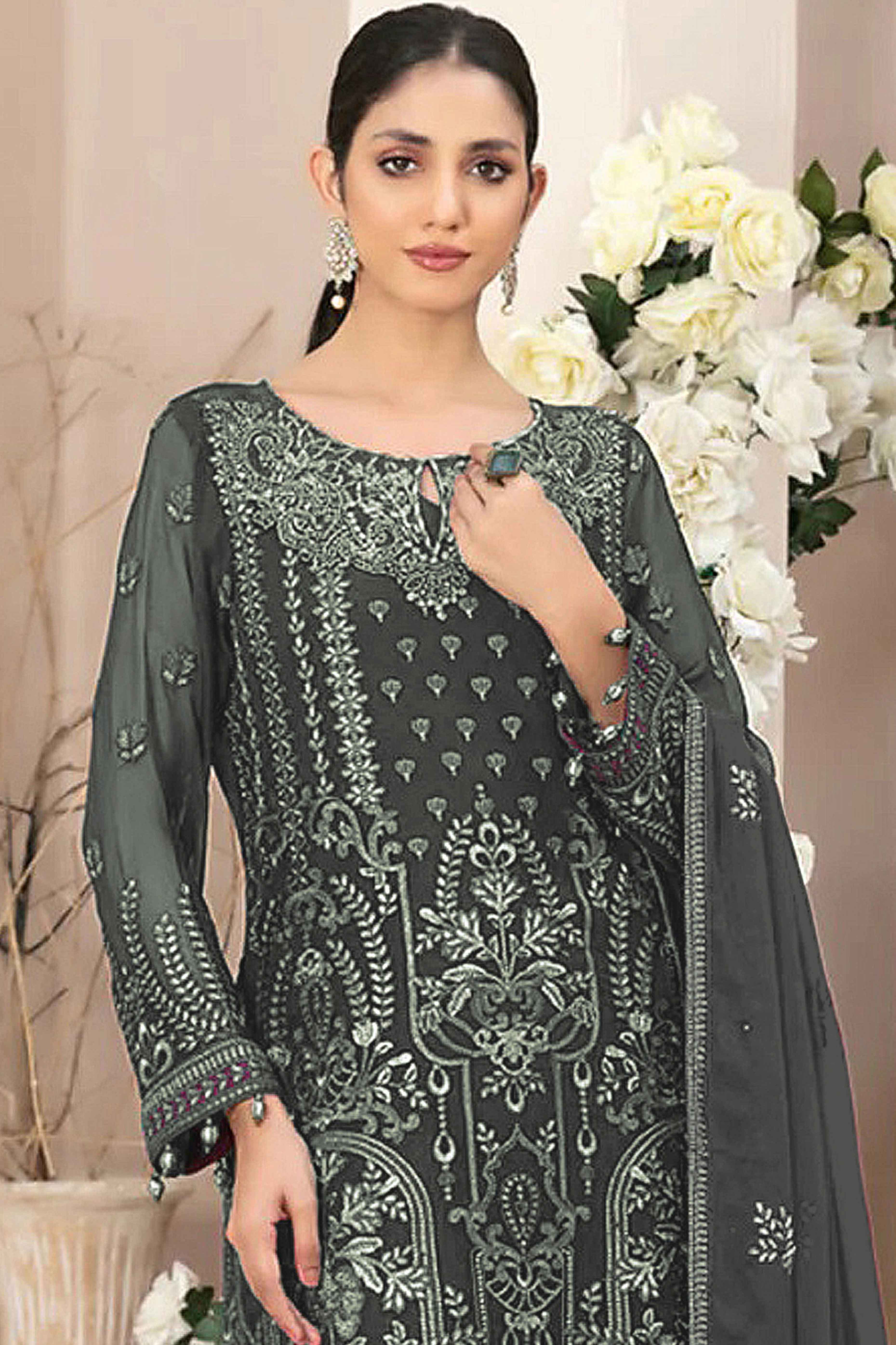 Charcoal Grey Floral Embroidered Georgette Dress Material - Image 3