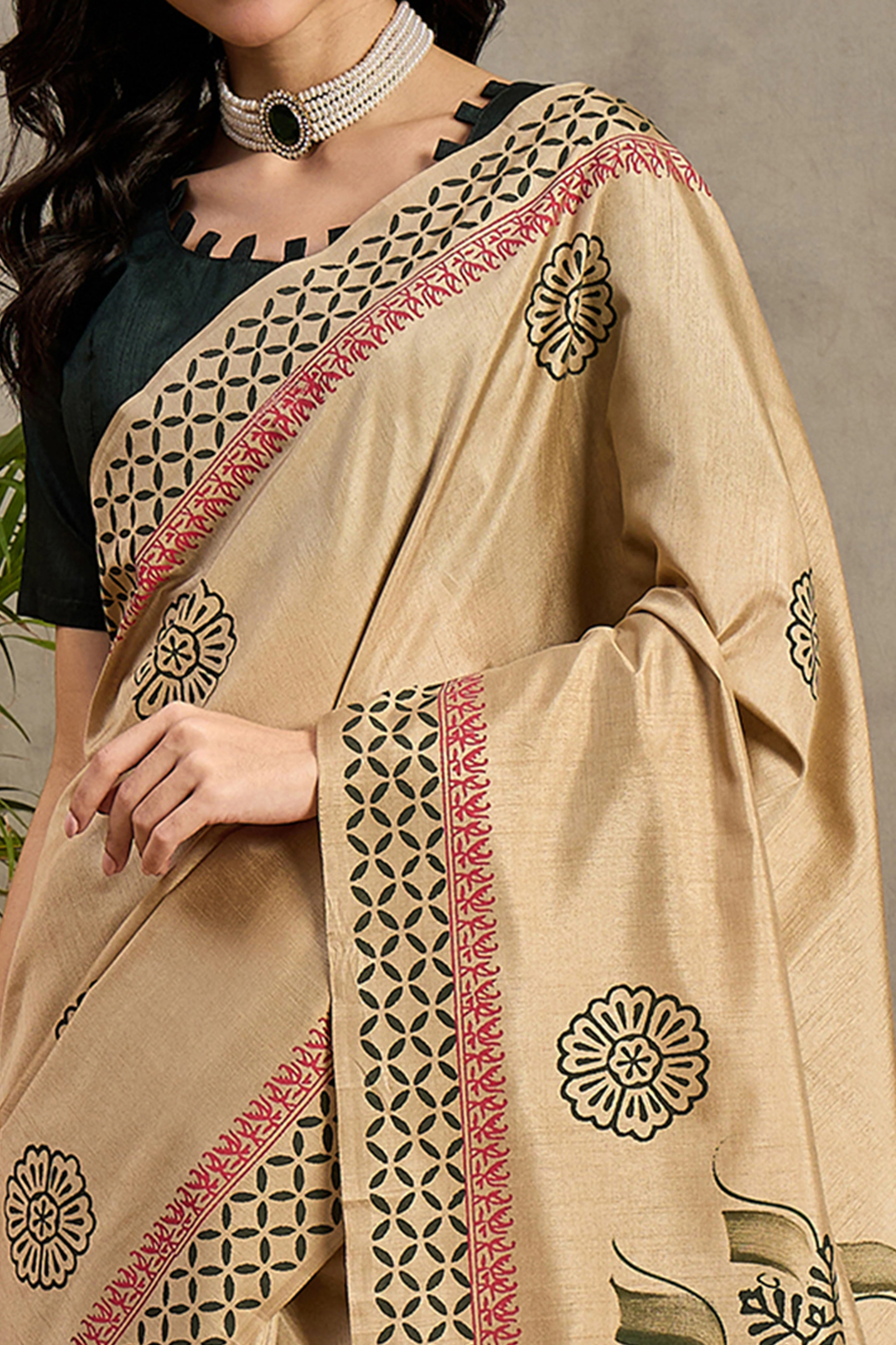 Charming Beige Floral Printed Kozi Cotton Silk Saree With Contemporary Tassel Pallu - Image 2