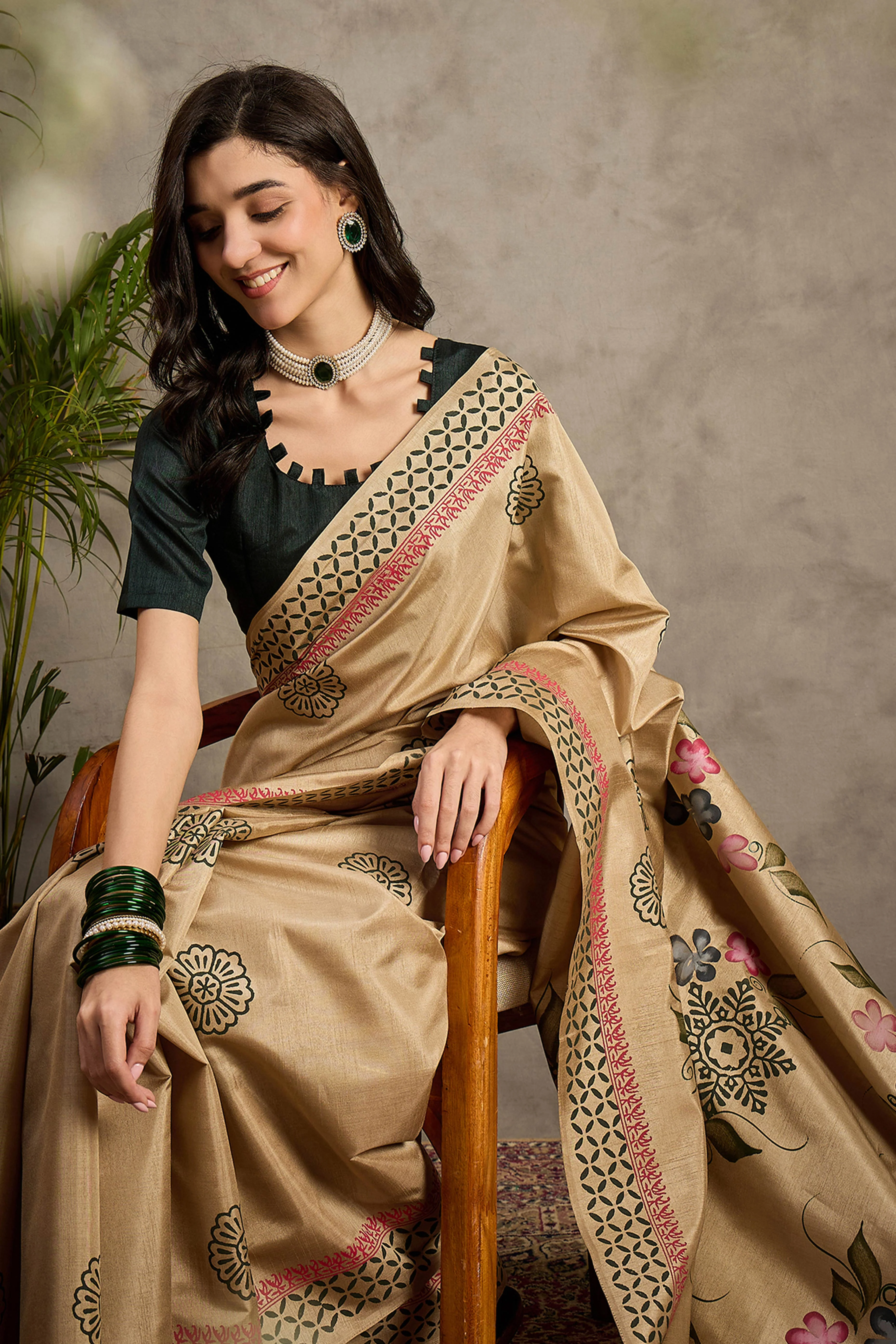 Charming Beige Floral Printed Kozi Cotton Silk Saree With Contemporary Tassel Pallu - Image 5