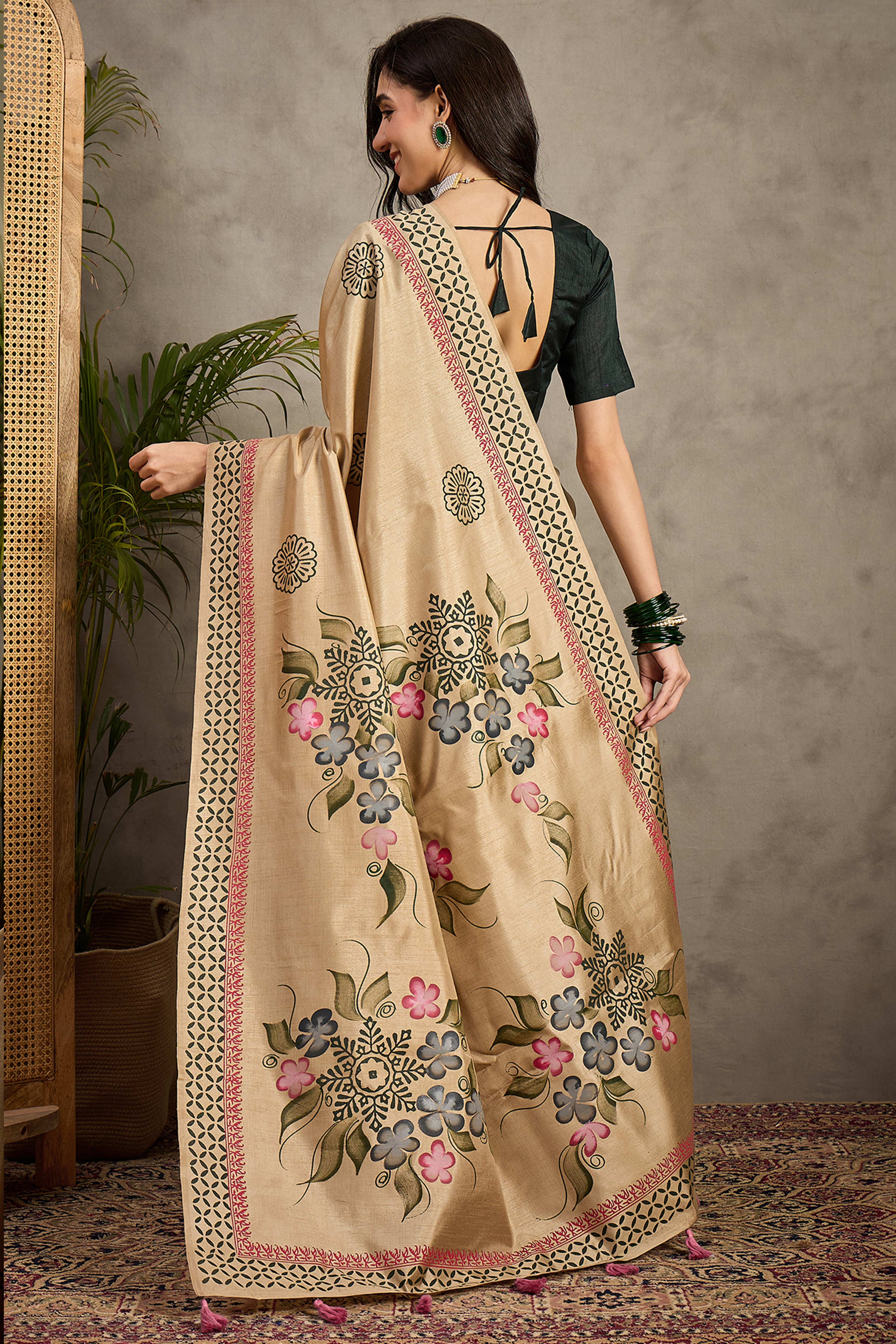 Charming Beige Floral Printed Kozi Cotton Silk Saree With Contemporary Tassel Pallu - Image 6