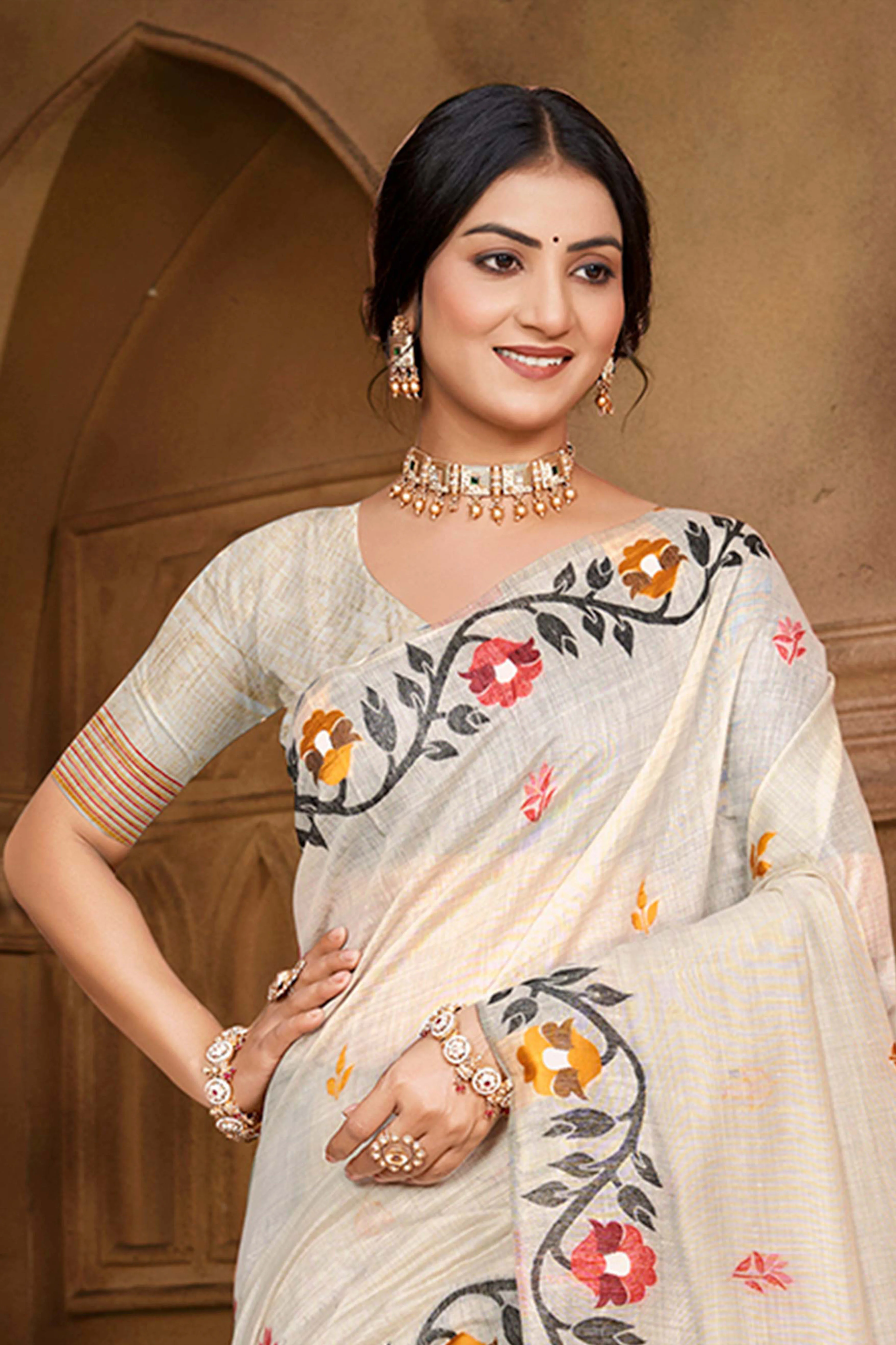 Charming Beige Floral Weaving Cotton Silk Saree Enhanced With Tree Motif Pallu With Tassel - Image 3