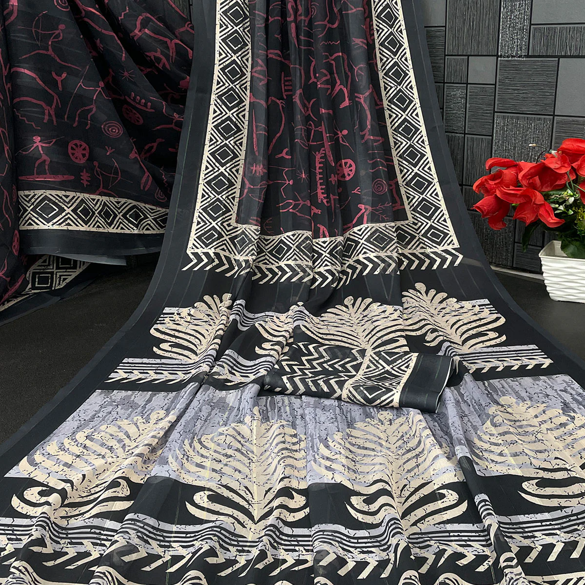 Charming Black Digital Printed Georgette Saree Accentuated With Zari Stripes - Image 2