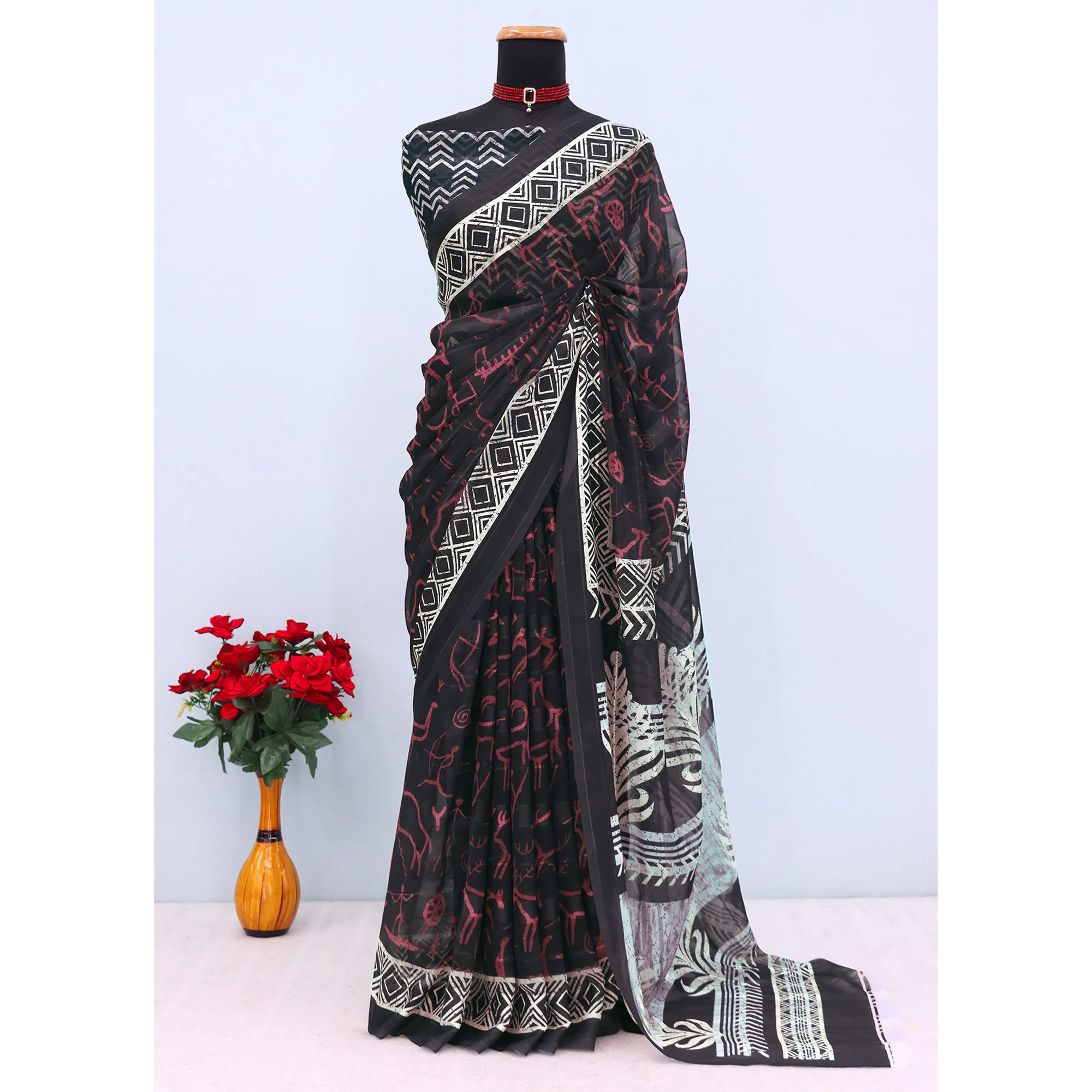Charming Black Digital Printed Georgette Saree Accentuated With Zari Stripes - Image 3