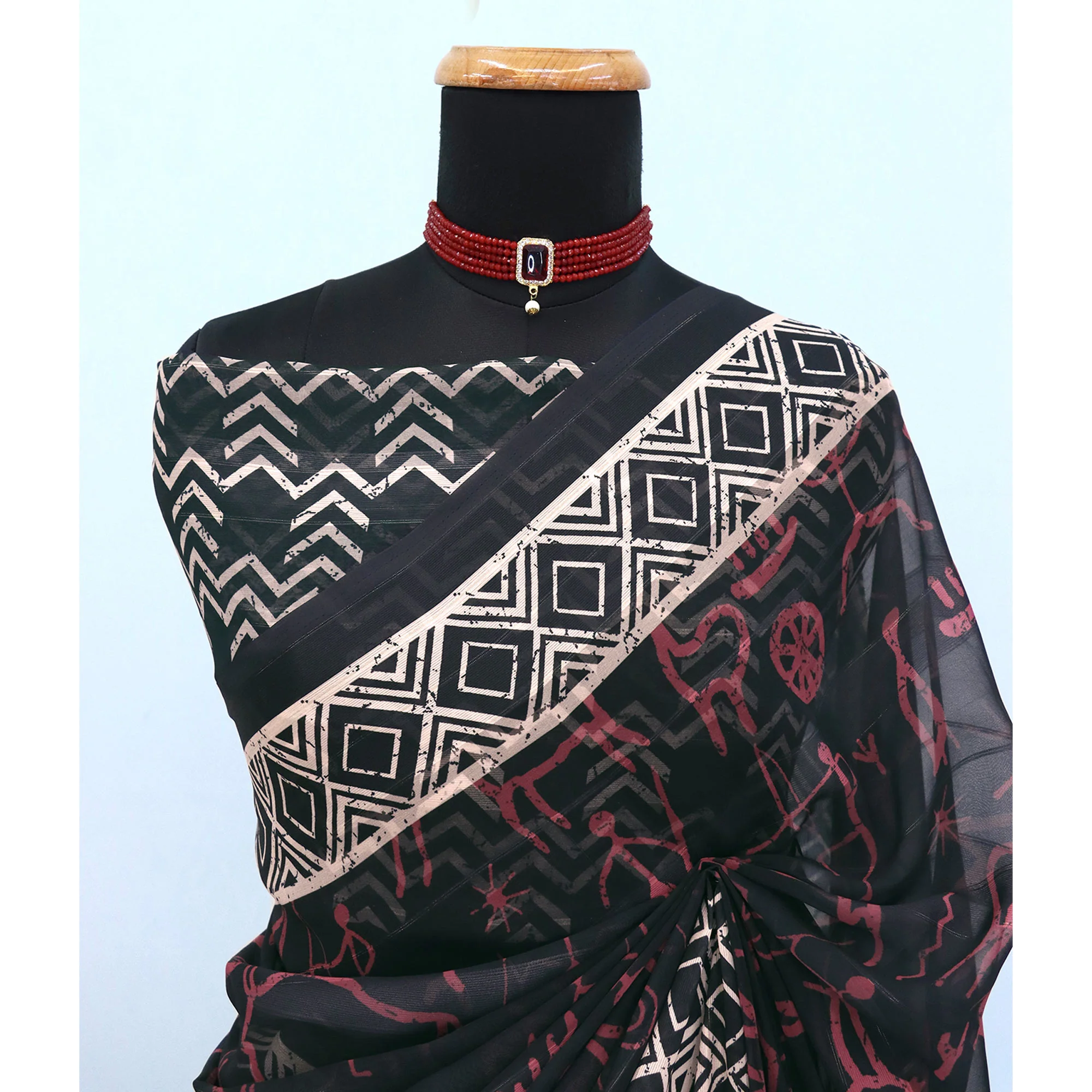 Charming Black Digital Printed Georgette Saree Accentuated With Zari Stripes - Image 4