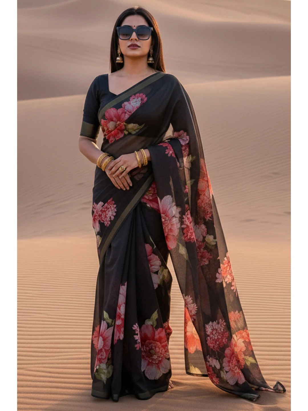 Charming Black Floral Printed Chanderi Cotton Saree Highlighted By Intricate Zari Border Work