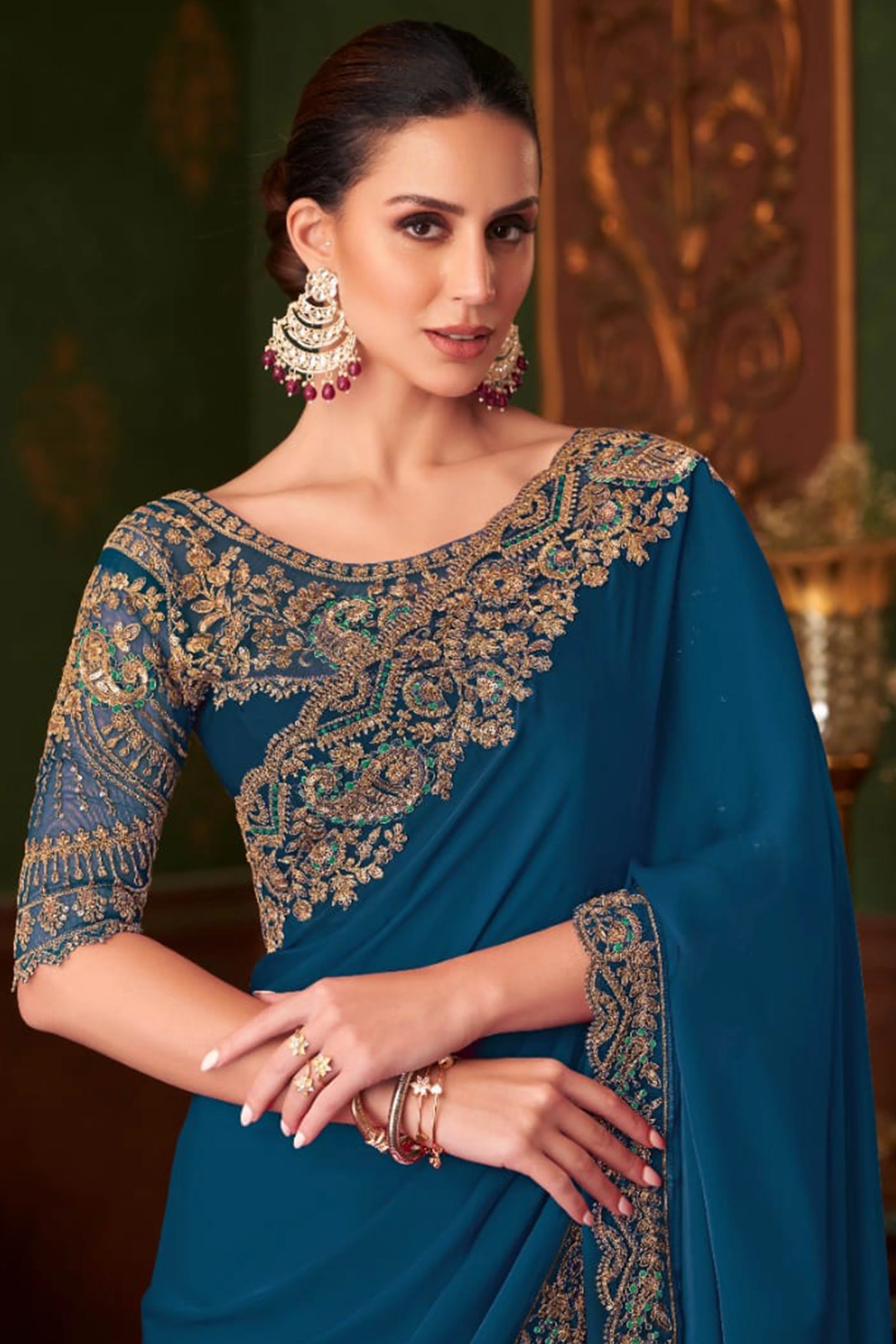 Charming Blue Floral & Paisley Embroidered Chiffon Saree With Sparkling Sequins Detailing - Image 3