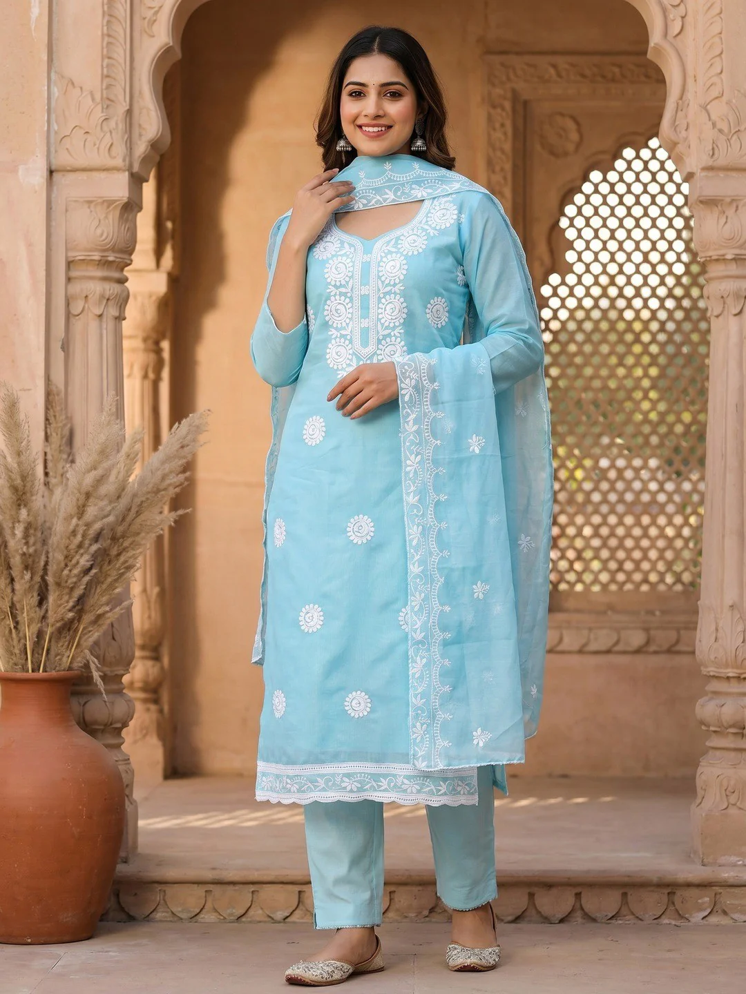 Charming Blue Floral Thread Embroidered Work Chanderi Cotton Dress Material