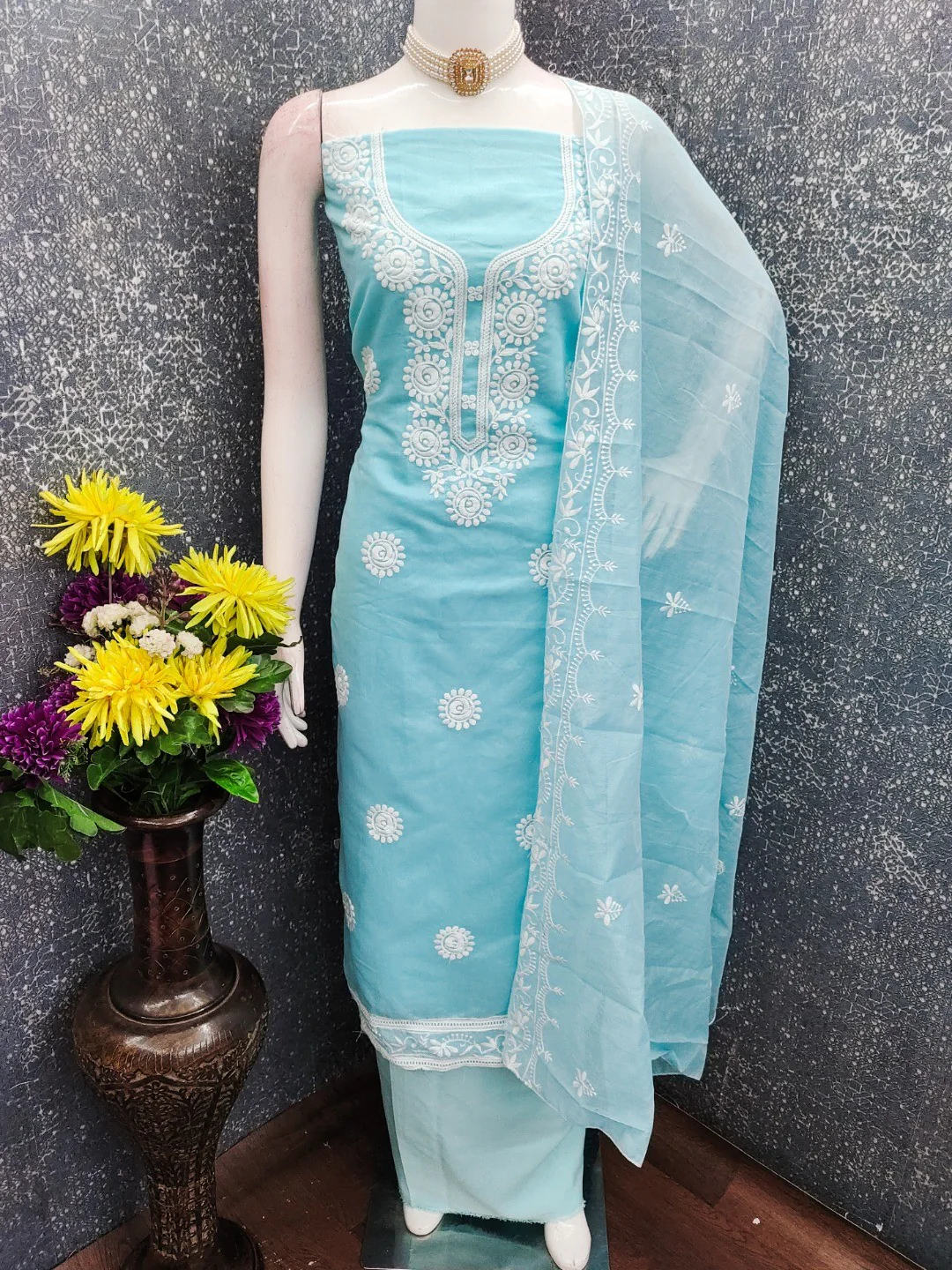 Charming Blue Floral Thread Embroidered Work Chanderi Cotton Dress Material - Image 4