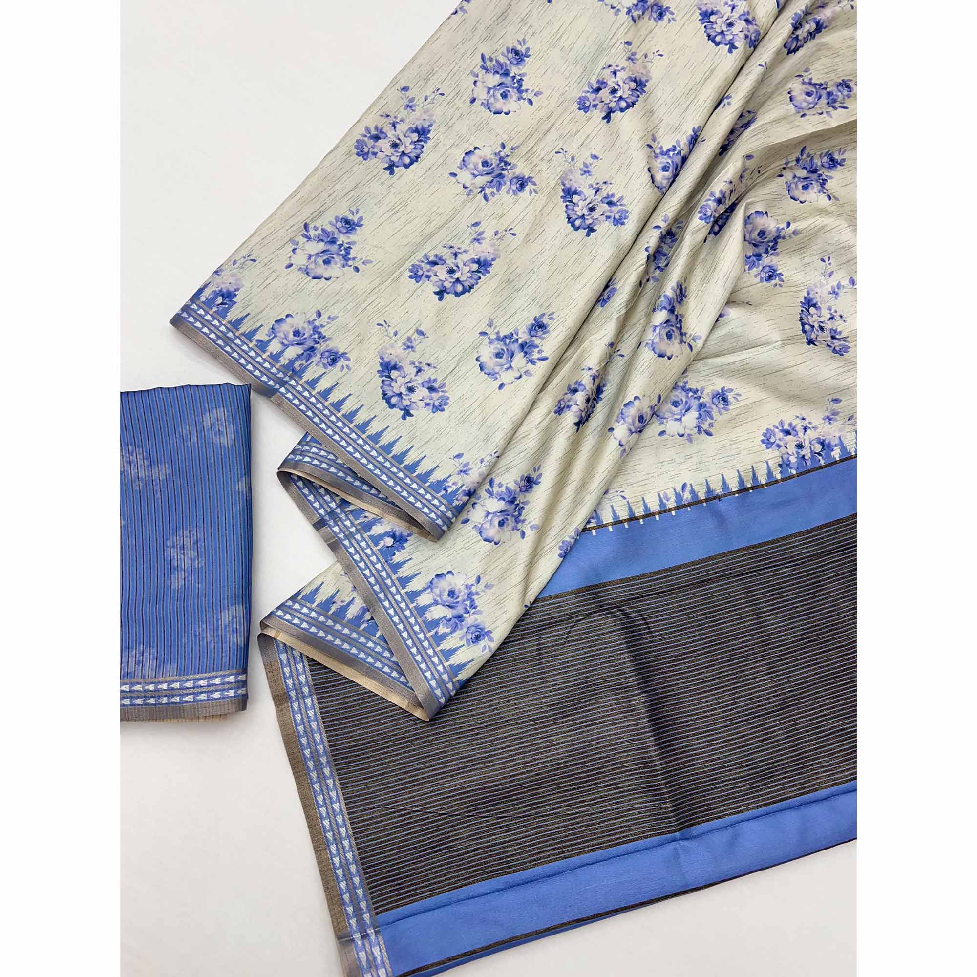 Charming Blue Silk Blend Saree Featuring Floral Digital Prints & Zari Border - Image 3