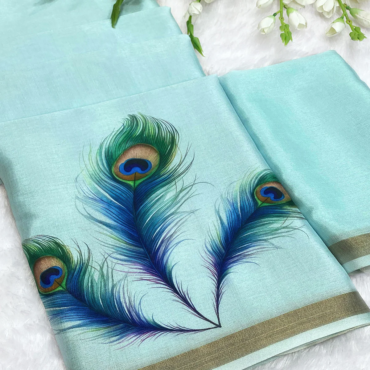 Charming Blue Soft Tussar Cotton Silk Saree With Peacock Feathers Print - Image 2