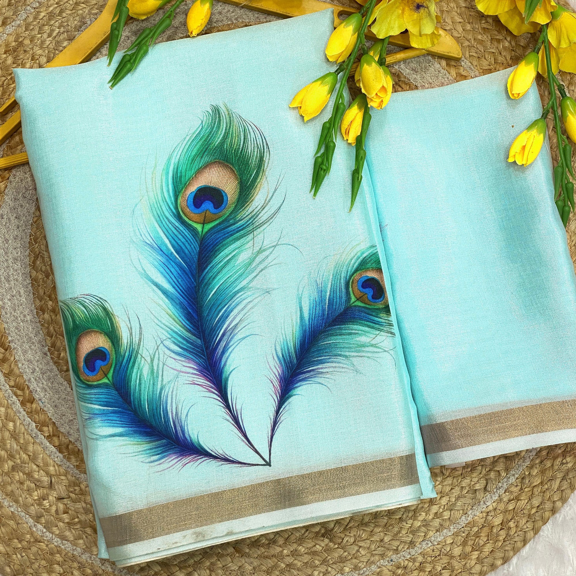 Charming Blue Soft Tussar Cotton Silk Saree With Peacock Feathers Print - Image 3