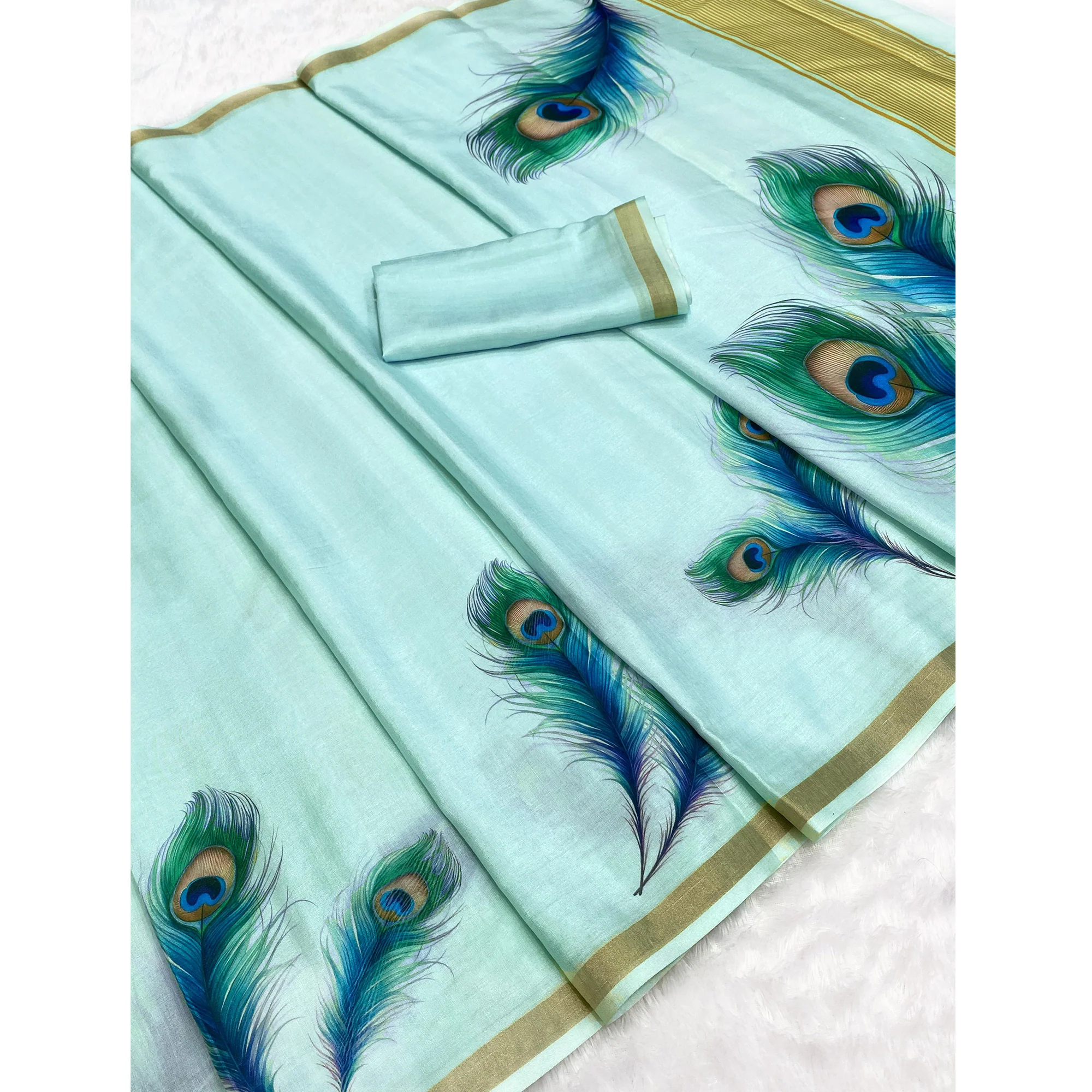 Charming Blue Soft Tussar Cotton Silk Saree With Peacock Feathers Print - Image 4
