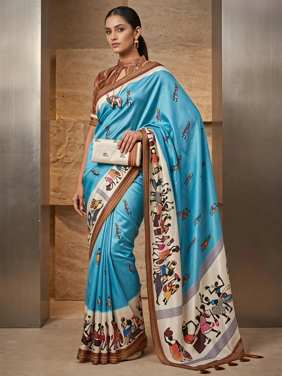 Charming Blue Warli Print Mulmul Cotton Saree Designed With Beautiful Border Work