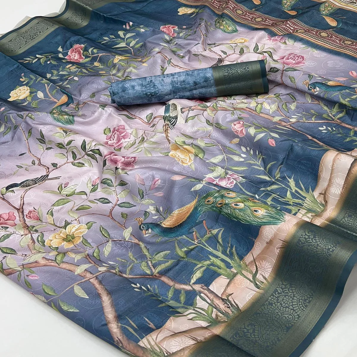 Charming Blue Weaving Silk Blend Saree Adorned With Floral & Peacock Digital Prints - Image 2
