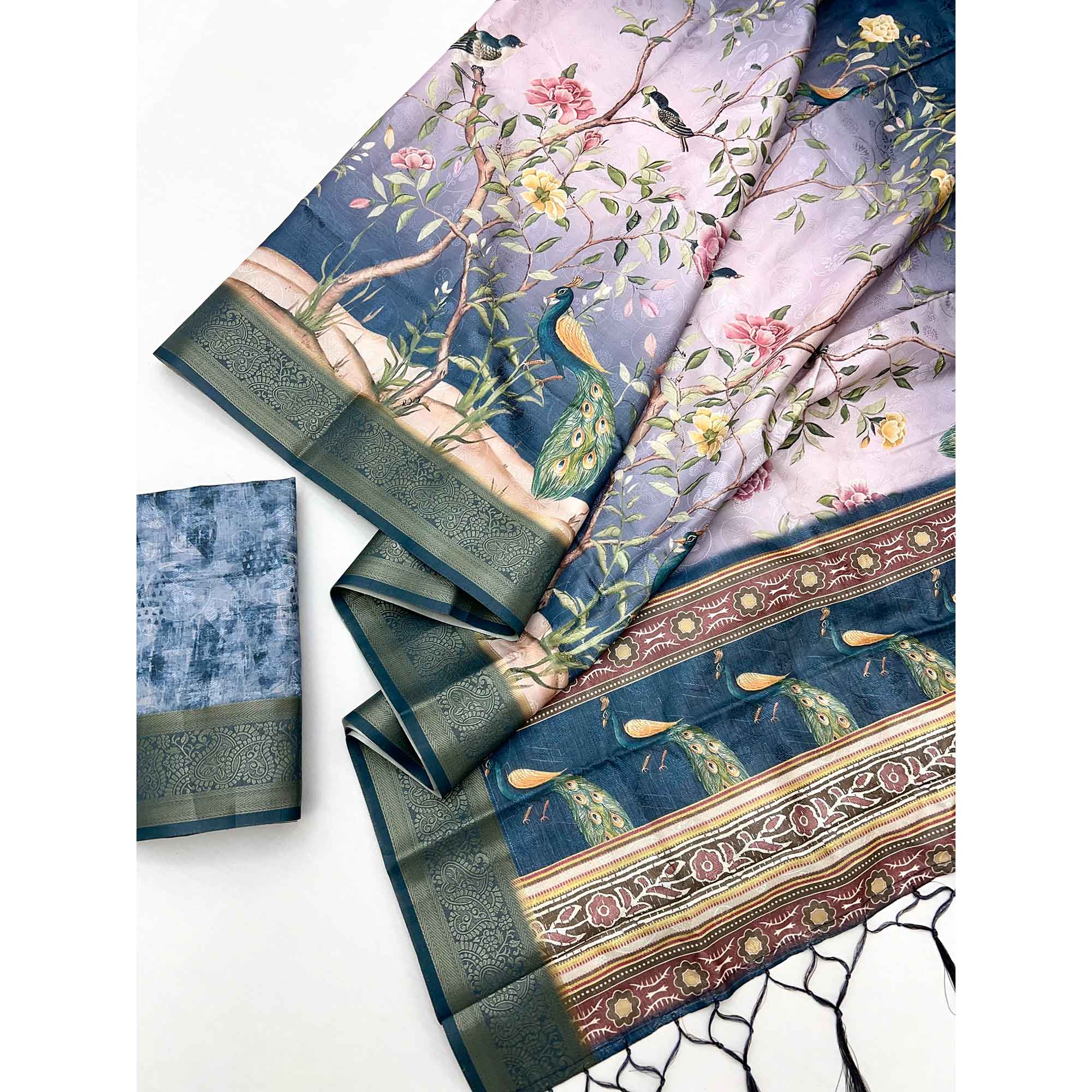 Charming Blue Weaving Silk Blend Saree Adorned With Floral & Peacock Digital Prints - Image 3