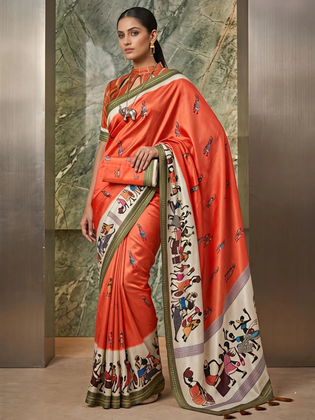 Charming Bright Red Warli Print Mulmul Cotton Saree Designed With Beautiful Border Work