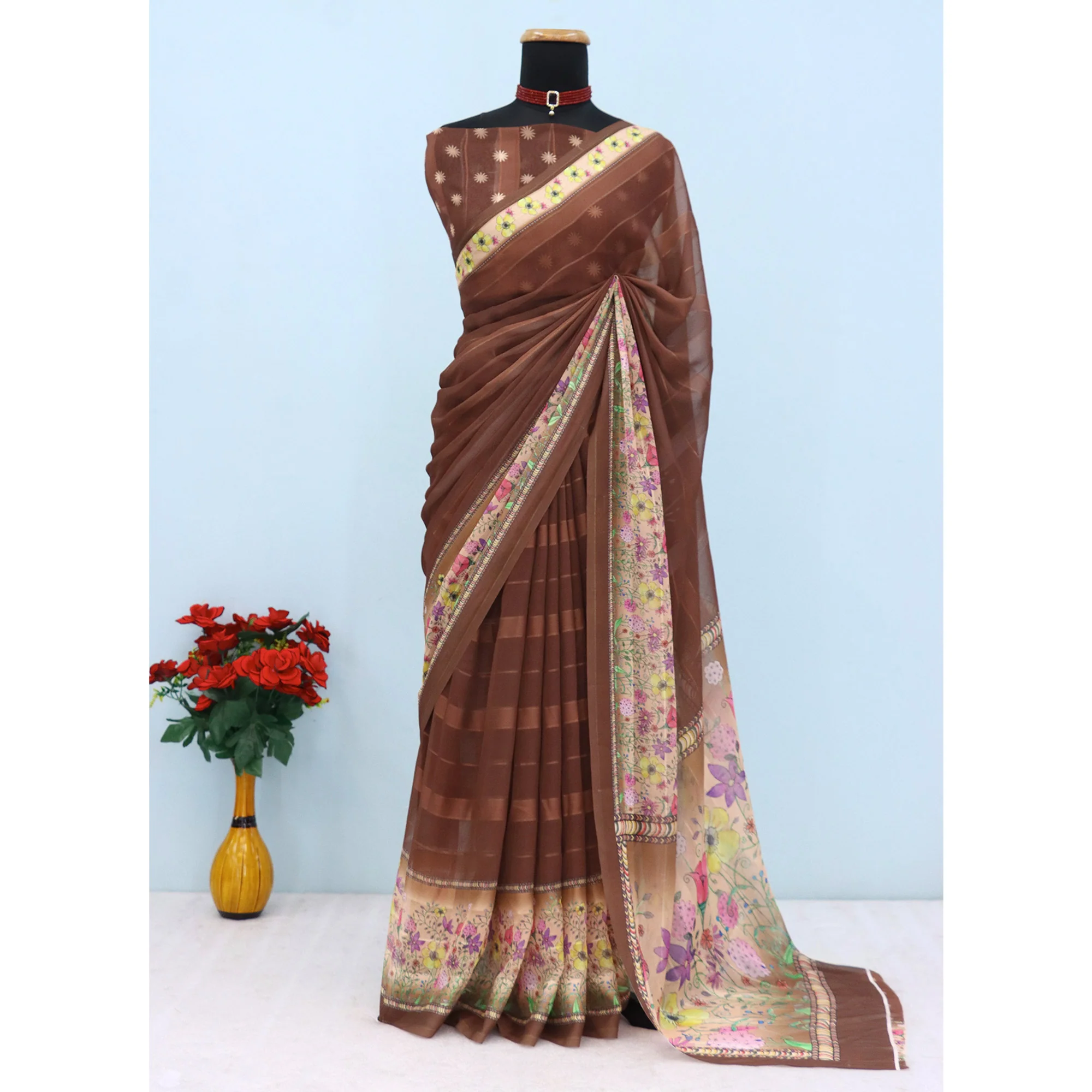 Charming Brown Floral Digital Printed Georgette Saree Accentuated With Zari Stripes - Image 3