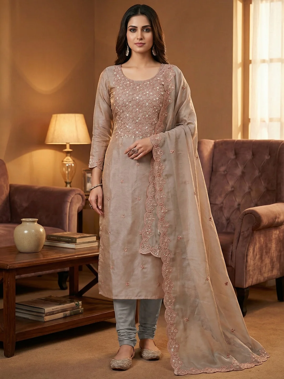 Charming Brown Floral Embroidery Organza Satin Silk Dress Material With Sequins Work