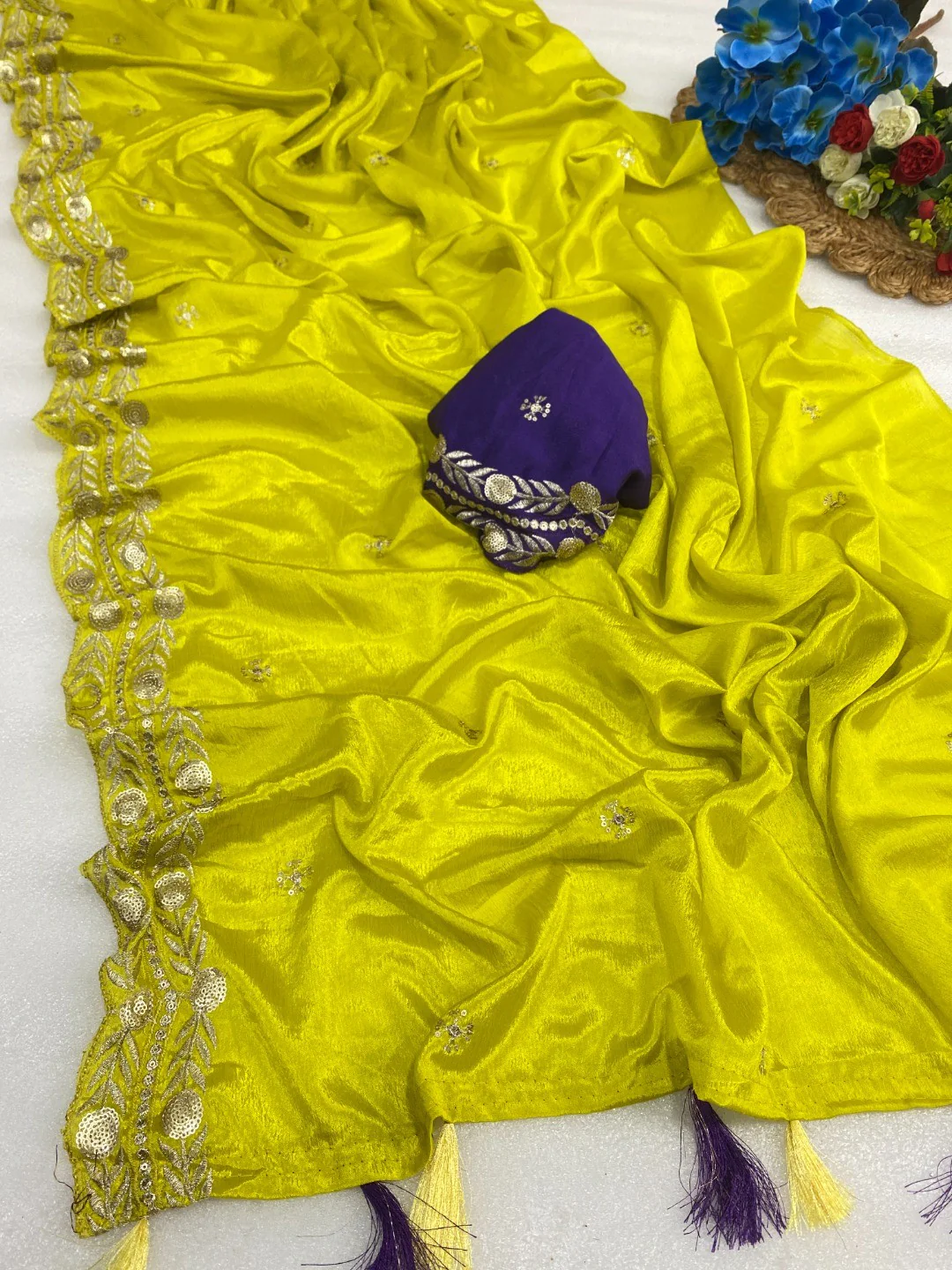 Charming Chartreuse Yellow Georgette Saree Enhanced With Intricate Floral Sequins Embroidery