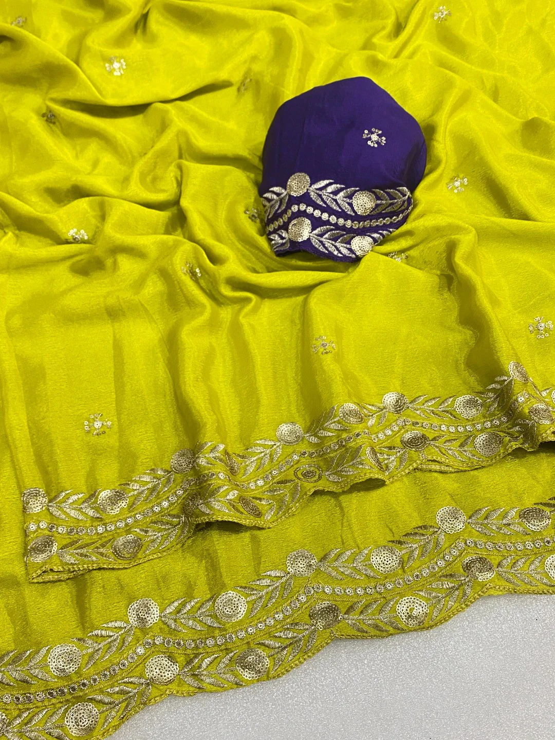 Charming Chartreuse Yellow Georgette Saree Enhanced With Intricate Floral Sequins Embroidery - Image 2