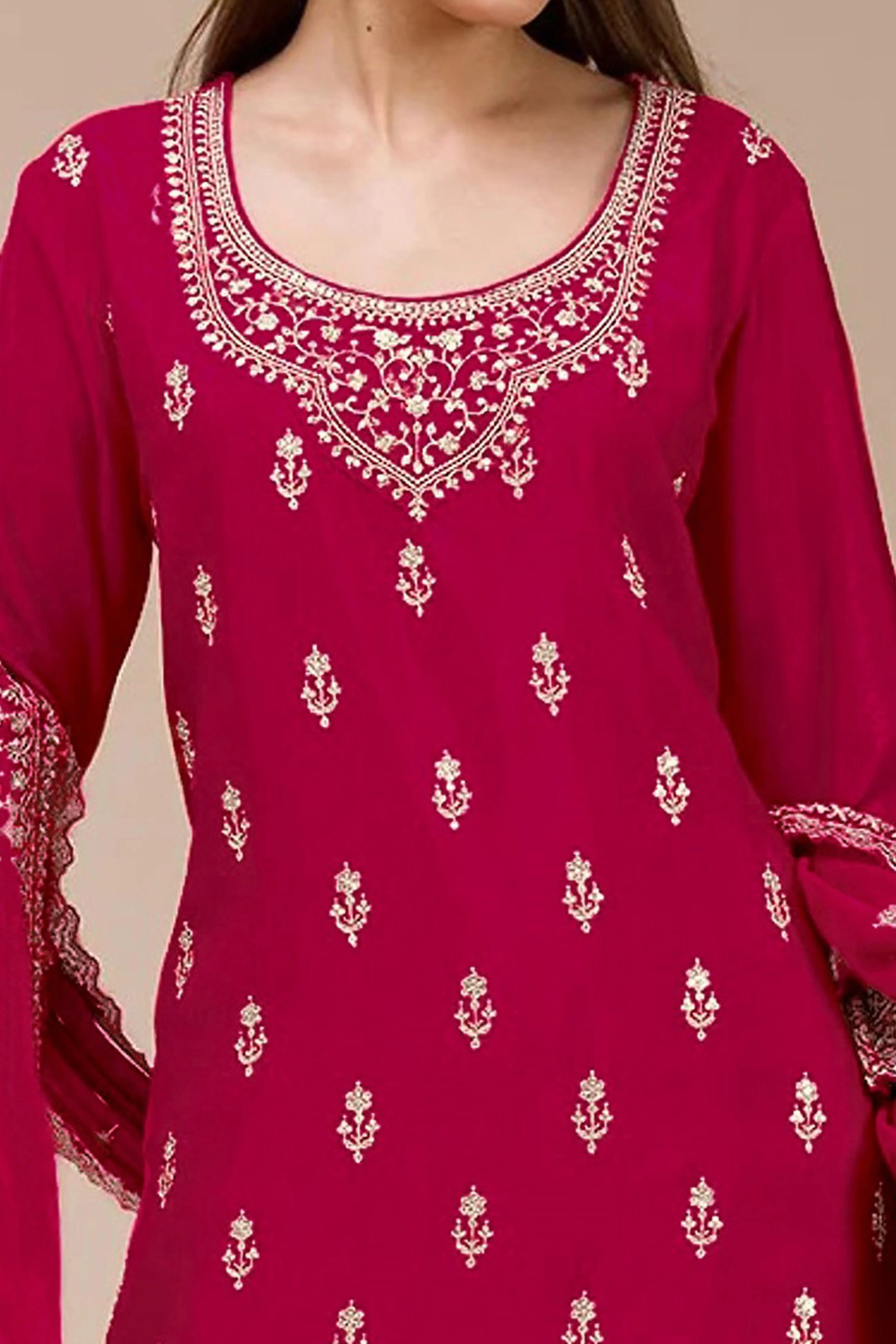 Charming Cherry Red Floral Sequins Embroidered Georgette Semi Stitched Pakistani Salwar Suit - Image 2