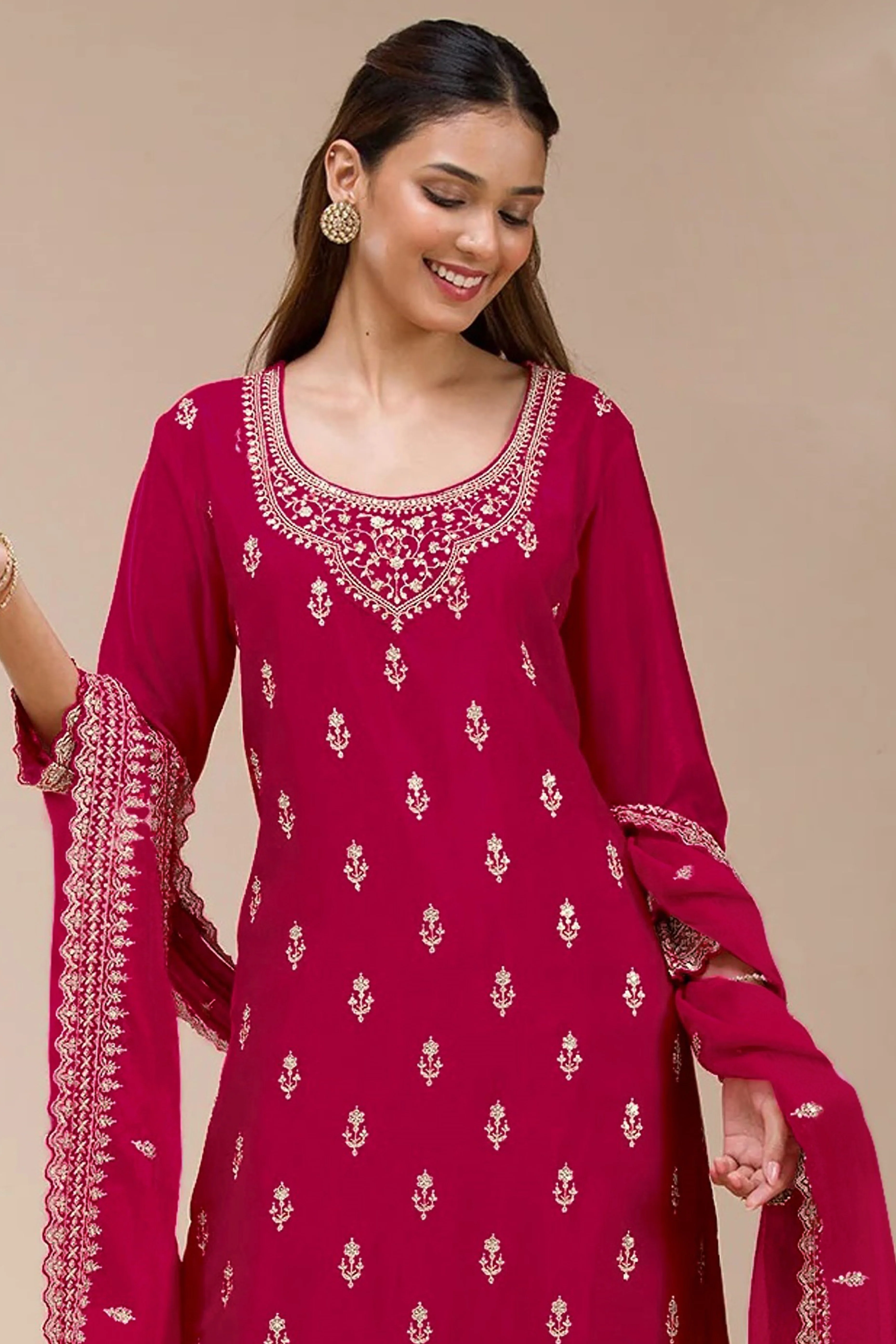 Charming Cherry Red Floral Sequins Embroidered Georgette Semi Stitched Pakistani Salwar Suit - Image 3