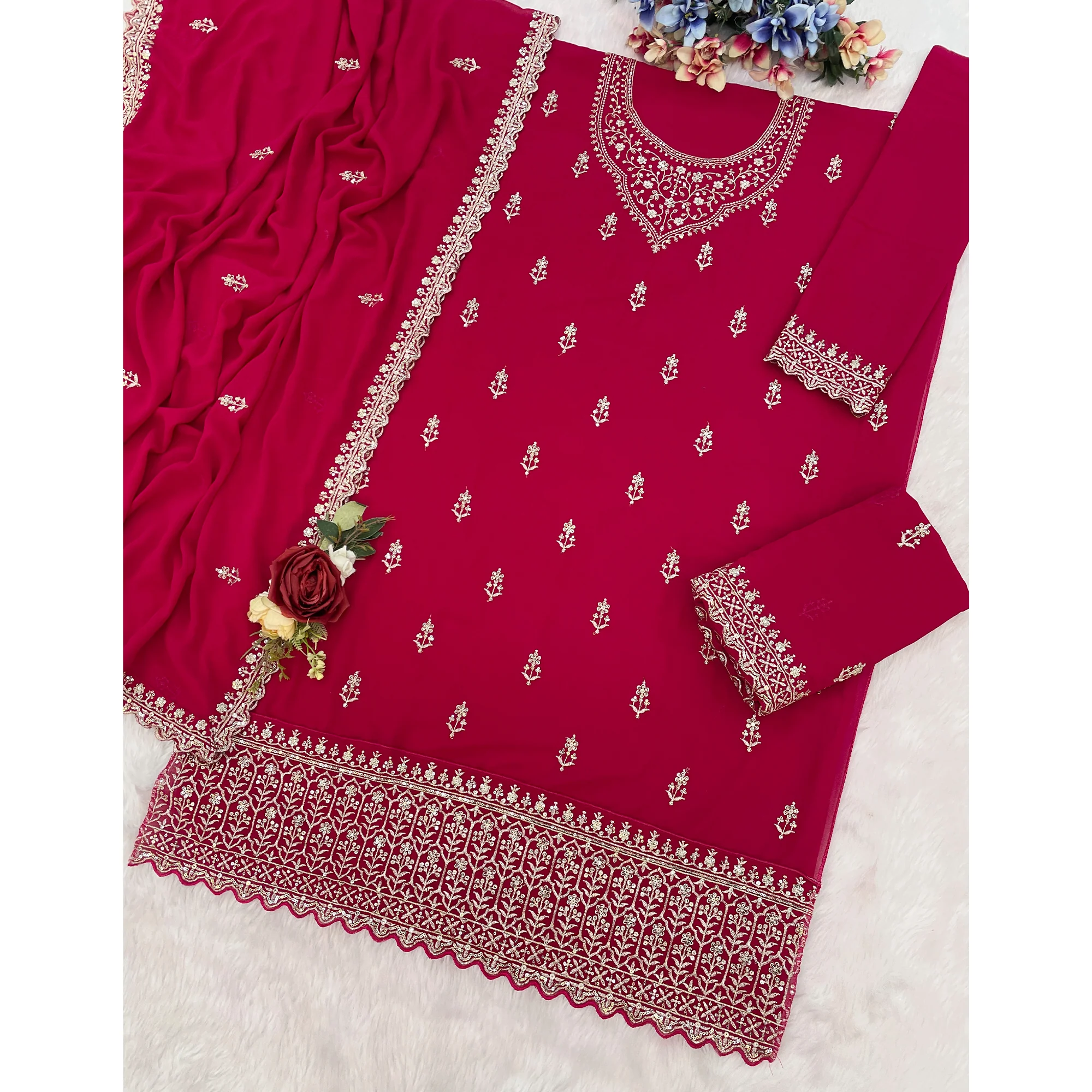 Charming Cherry Red Floral Sequins Embroidered Georgette Semi Stitched Pakistani Salwar Suit - Image 4