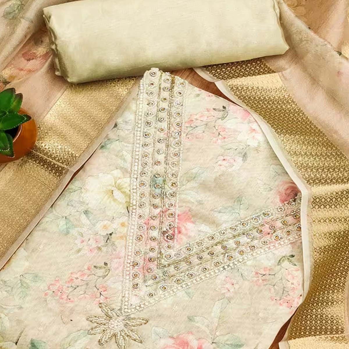 Charming Chikoo Floral Digital Printed Chanderi Silk Dress Material Adorned With Moti Khatli Work - Image 2