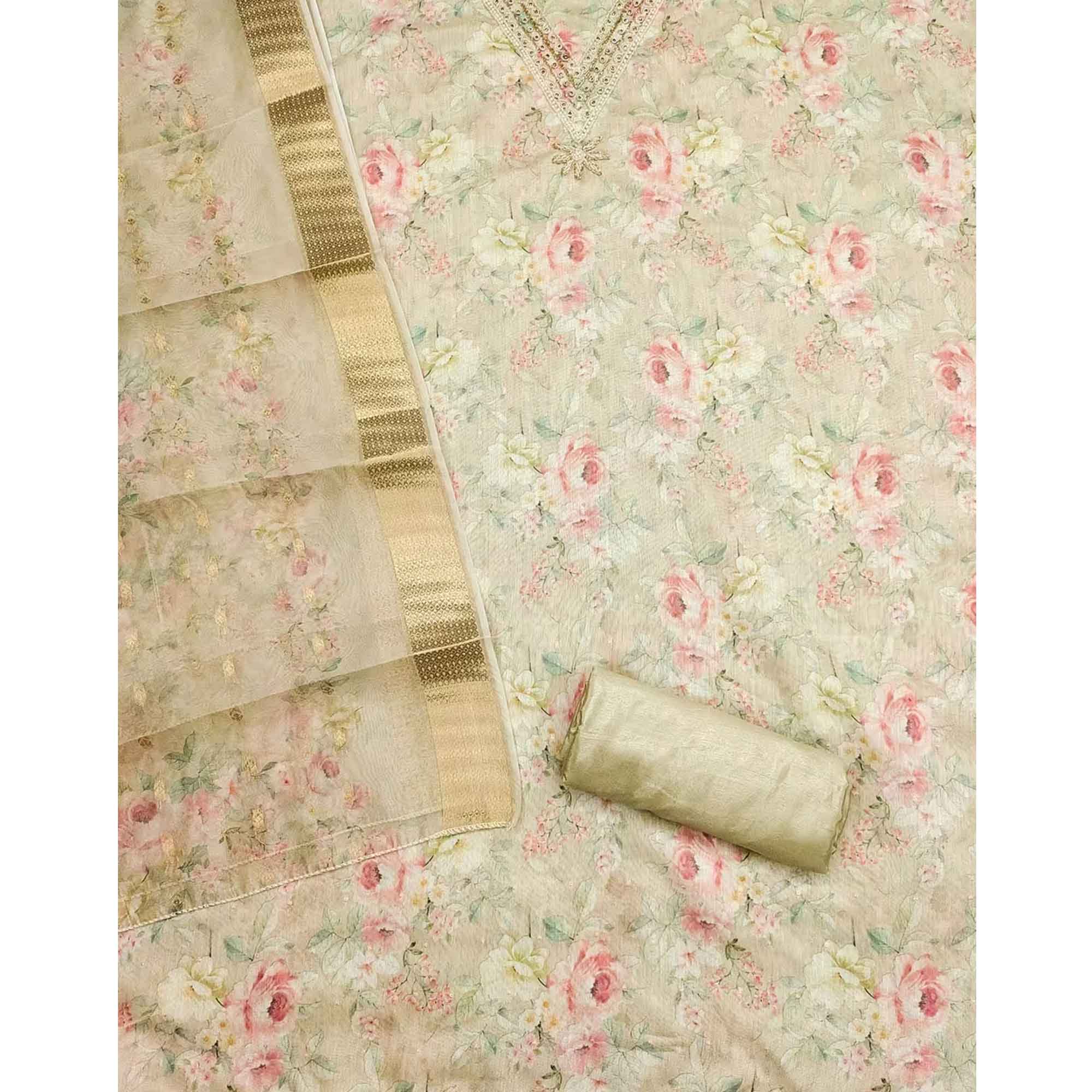 Charming Chikoo Floral Digital Printed Chanderi Silk Dress Material Adorned With Moti Khatli Work - Image 4